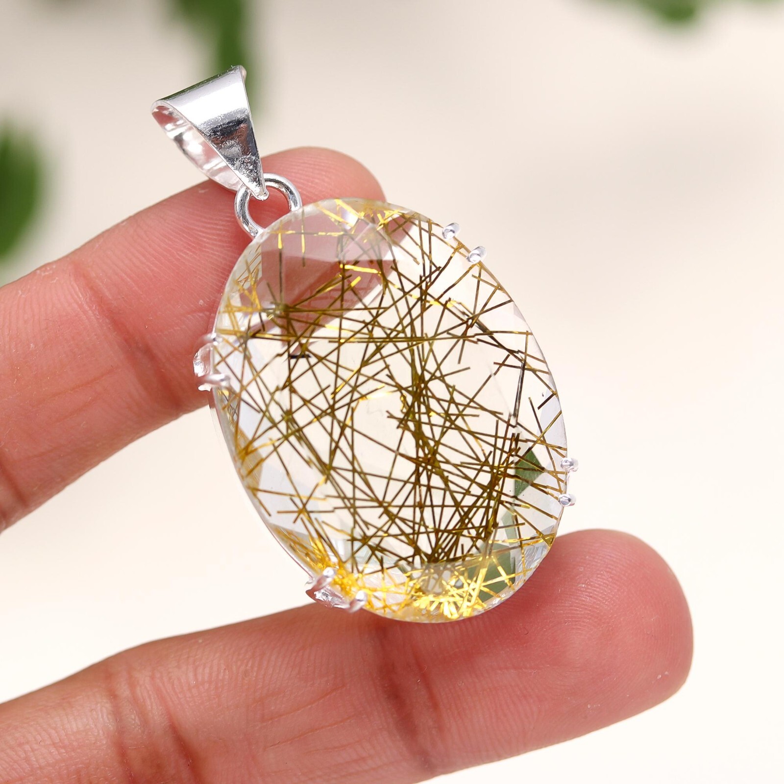 Golden Rutile Gemstone Pendant 925 Sterling Silver Jewelry Handmade Pendant