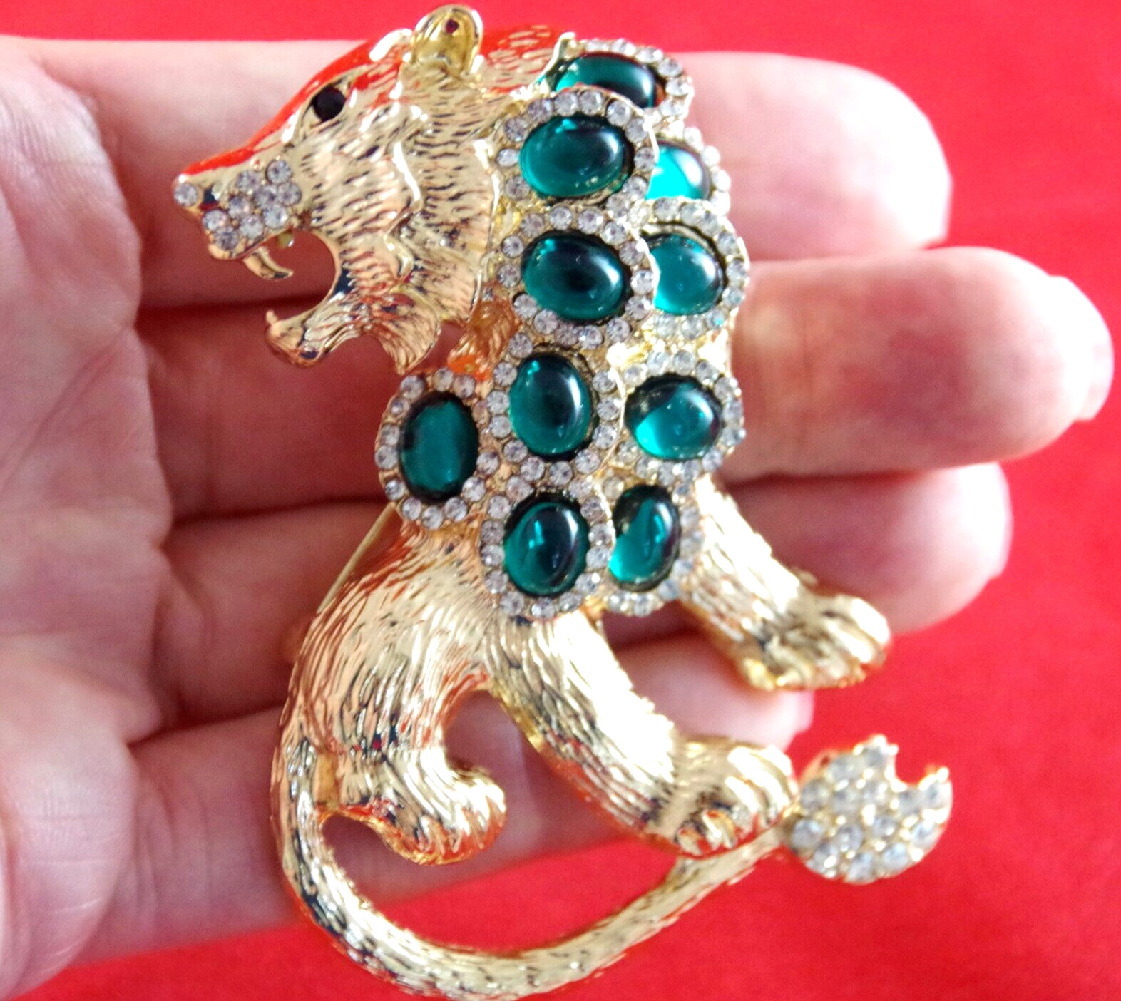 BIG 3″ NWOT UNSIGNED KENNETH JAY LANE STYLE RHINESTONE LION CAT PENDANT BROOCH