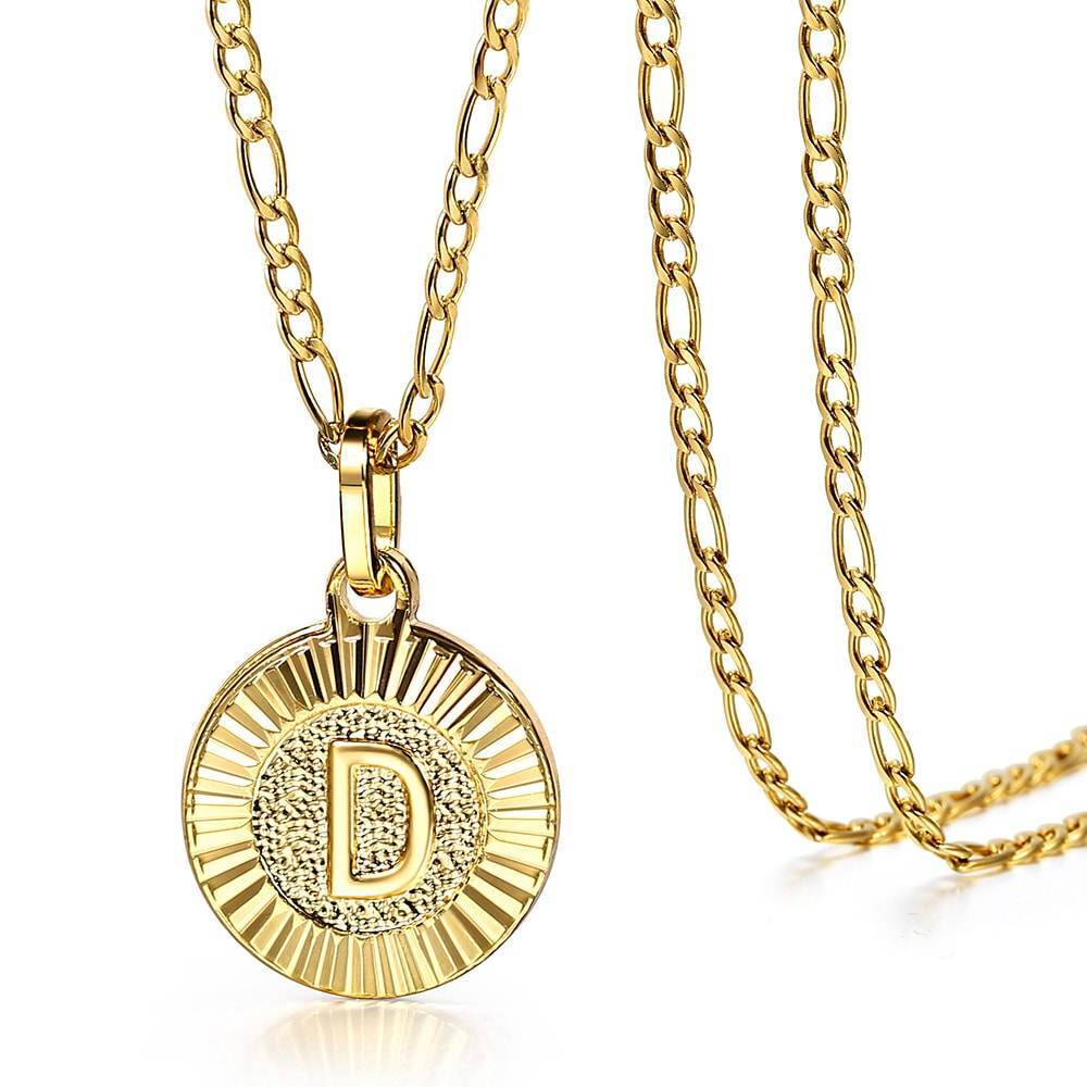 18″ New Gold Plated Initial Letter Necklace Pendant Stainless Steel Figaro Chain