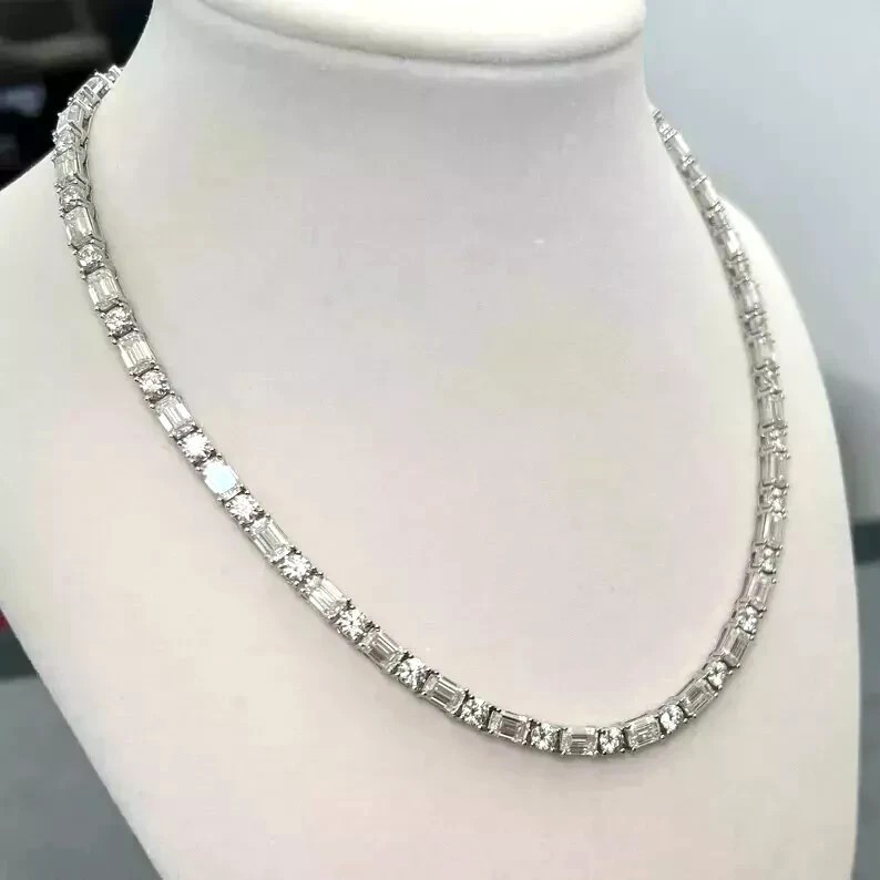 30 Ctw Emerald & Round Cut Lab Created Diamond Tennis Necklace 14k White Gold FN