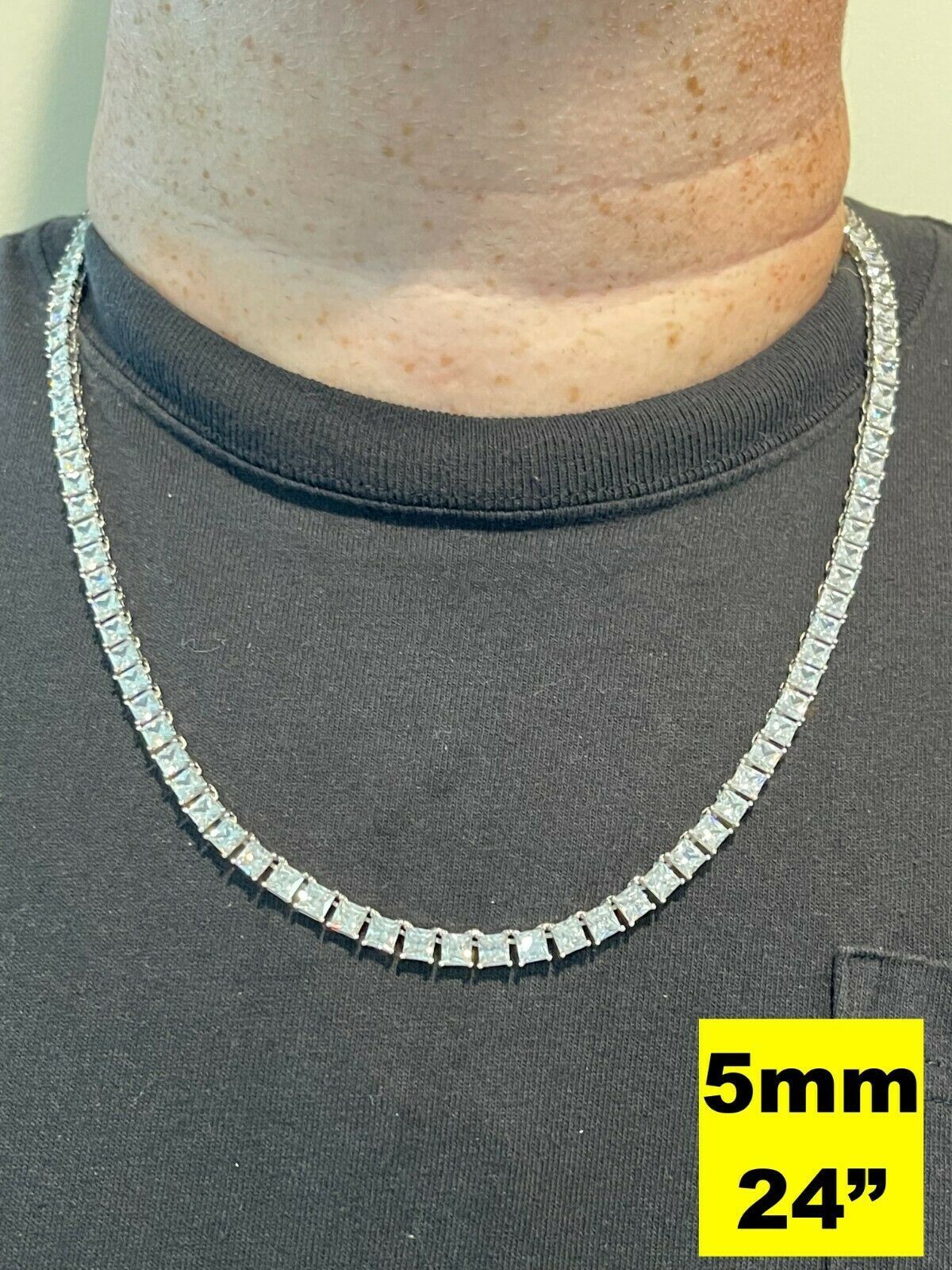 Tennis Chain Real 925 Sterling Silver ICED Square Princess Cut CZ Necklace Chain