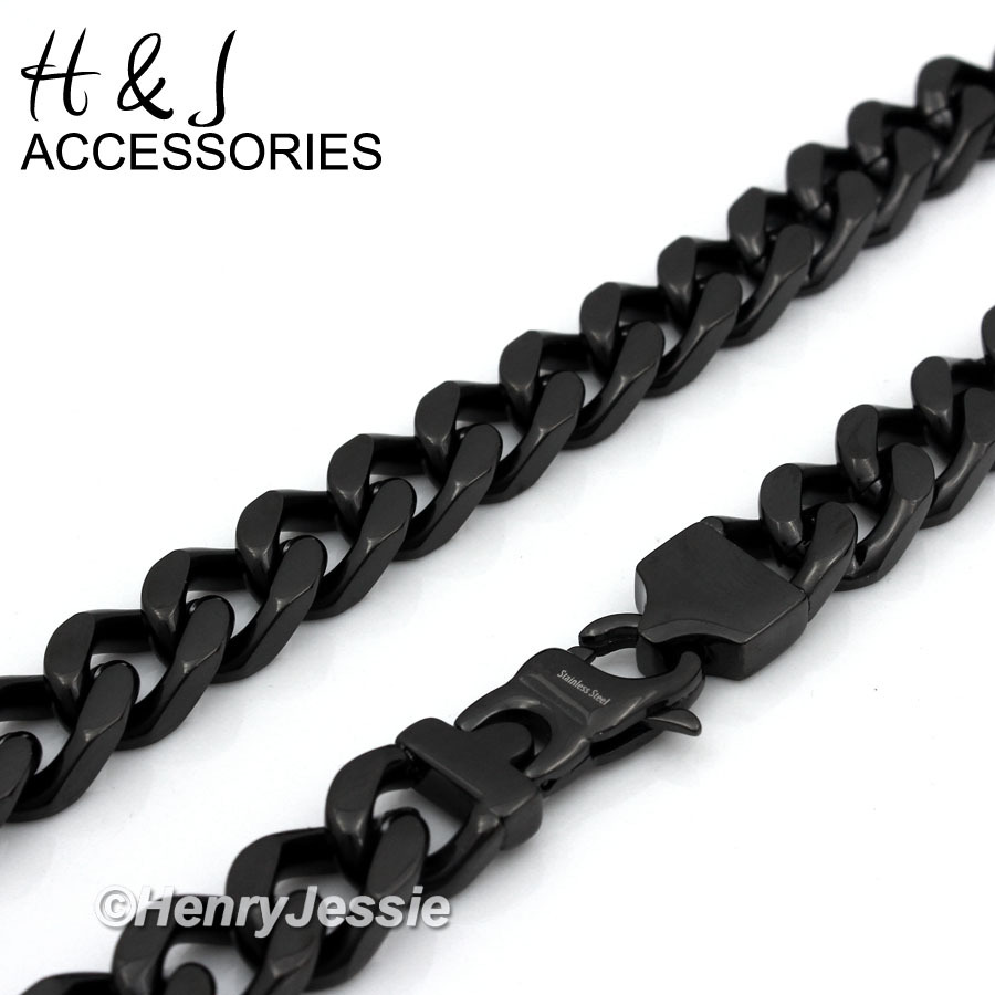 18-40″MEN Stainless Steel WIDE 11mm Black Plated Cuban Curb Link Chain Necklace