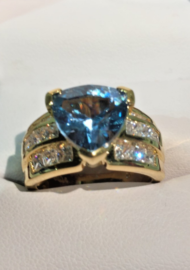 Vtg 925 Sterling Silver Gold Plated Aquamarine/Topaz Ring W/ CZ Canada Size 9!