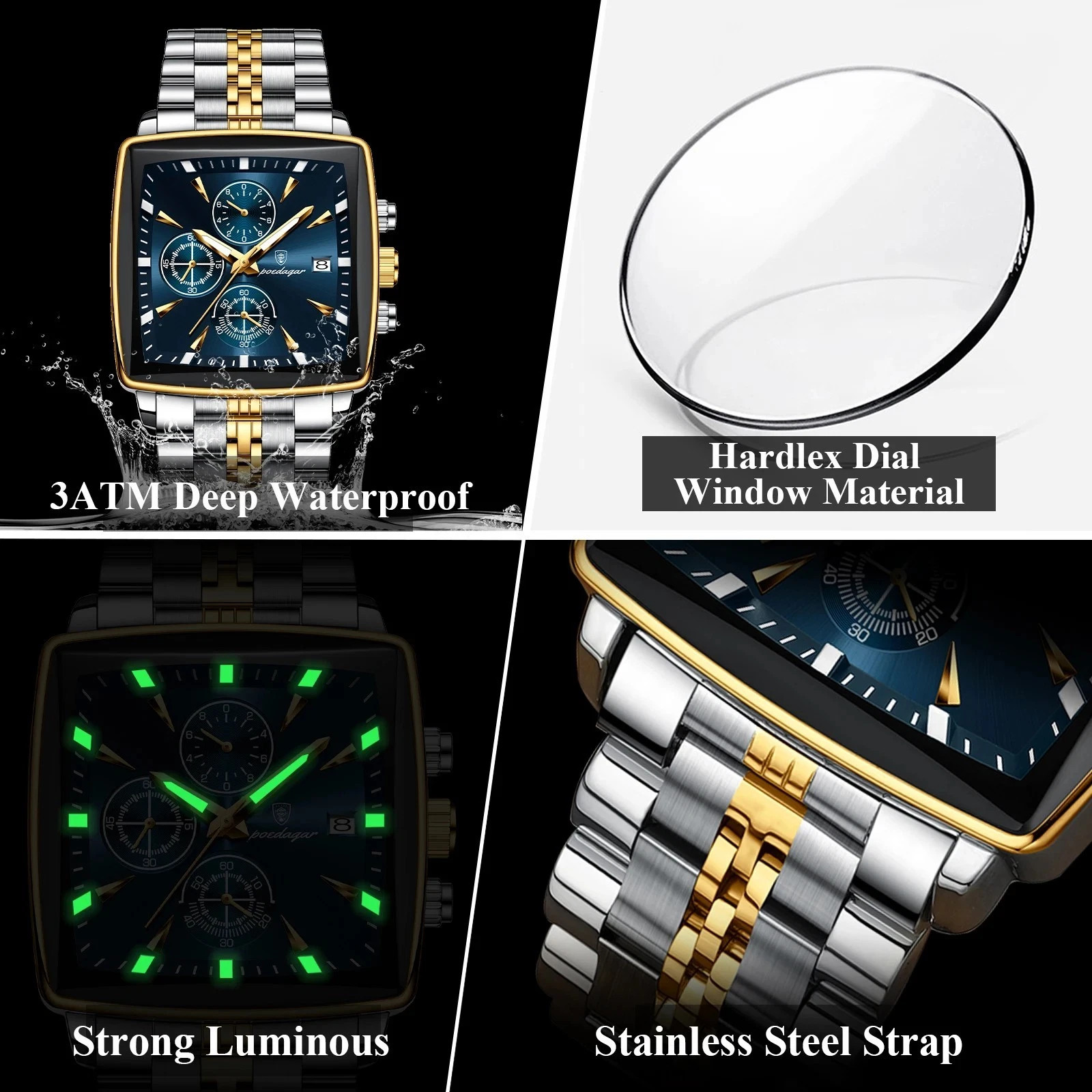 Luxury Men’s Watch Square Stainless Steel Waterproof Luminous Chrono