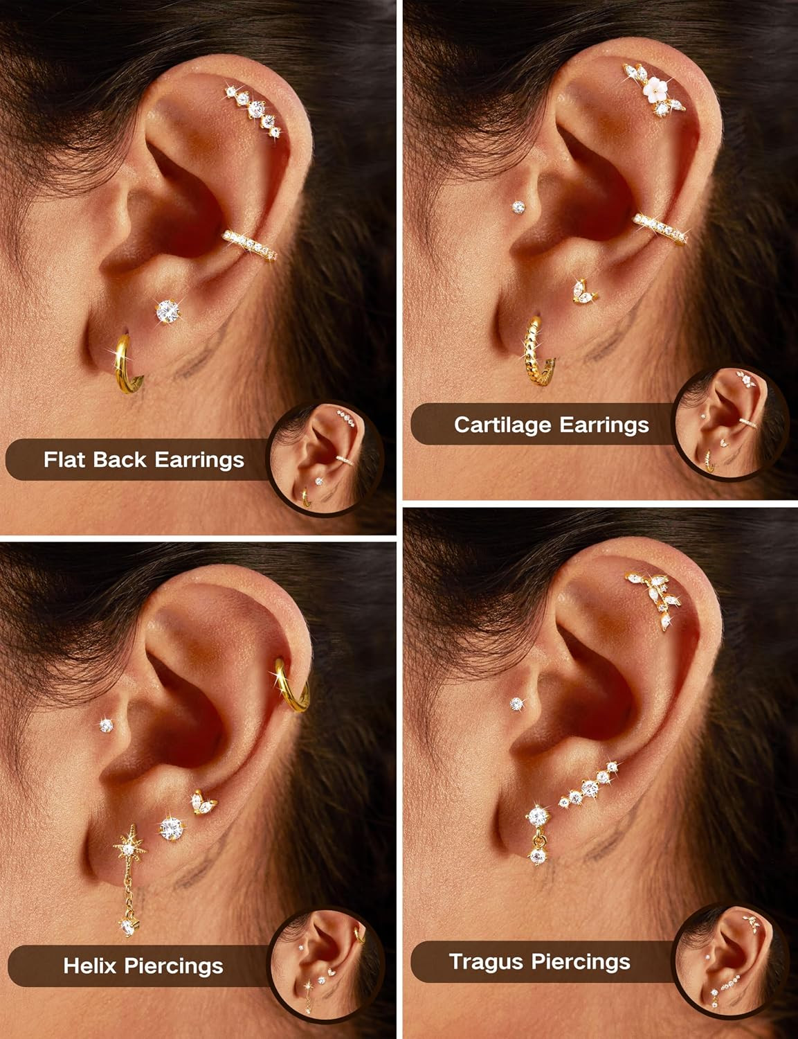 16 Gauge Cartilage Earrings for Women Flat Back-Hypoallergenic Surgical Stainles