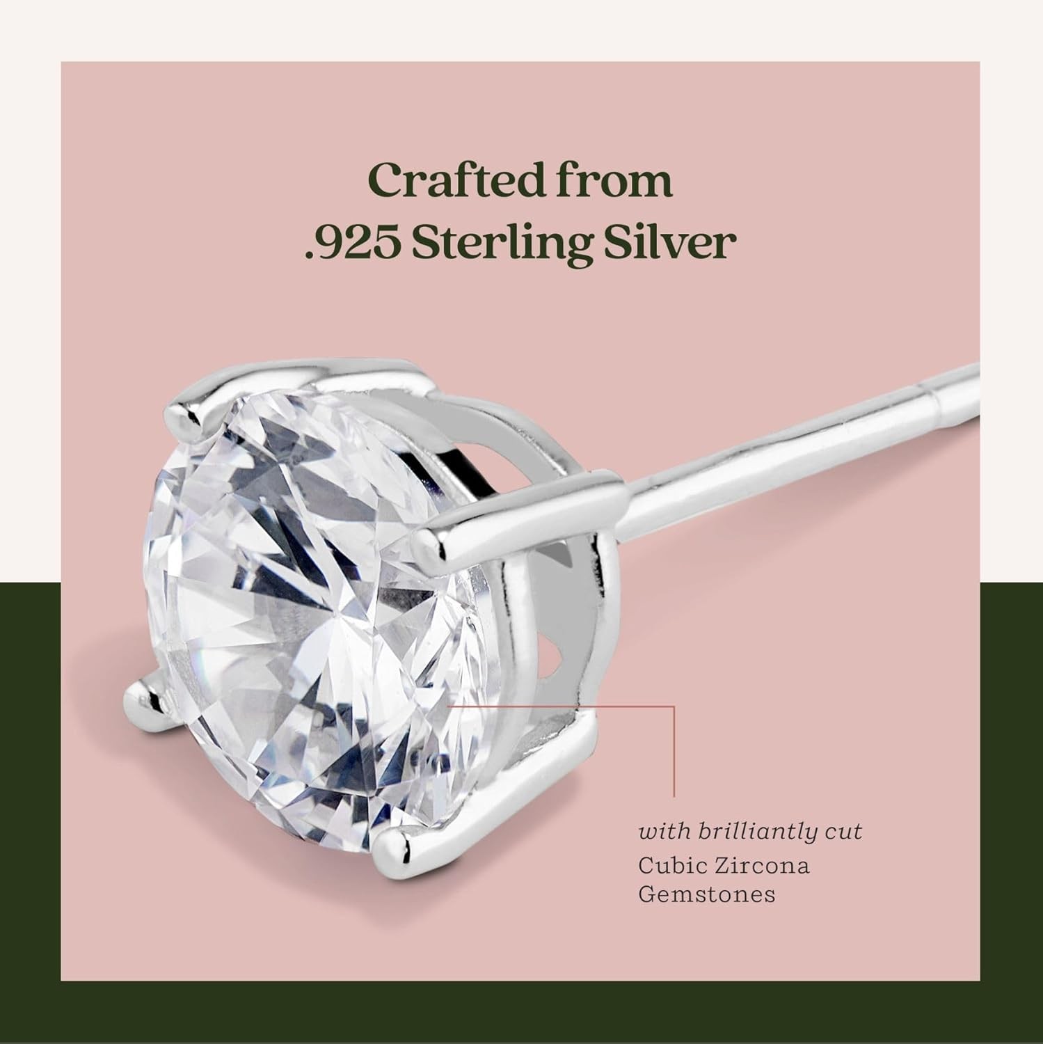Sterling Silver Cubic Zirconia Stud Earrings for Men and Women, 4-Prong Setting