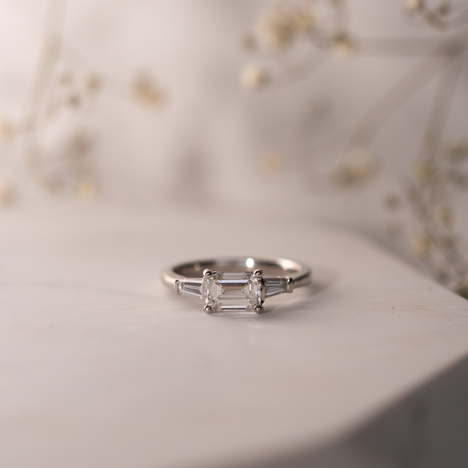 Emerald & Tapered Baguette Cut Lab Created Diamond Cluster Three Stone Ring