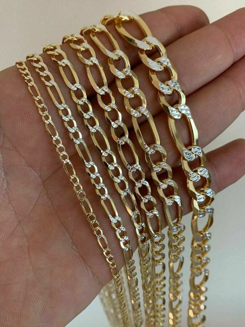 Real 14K Yellow Gold Diamond Cut Figaro Chain Necklace for Men & Women