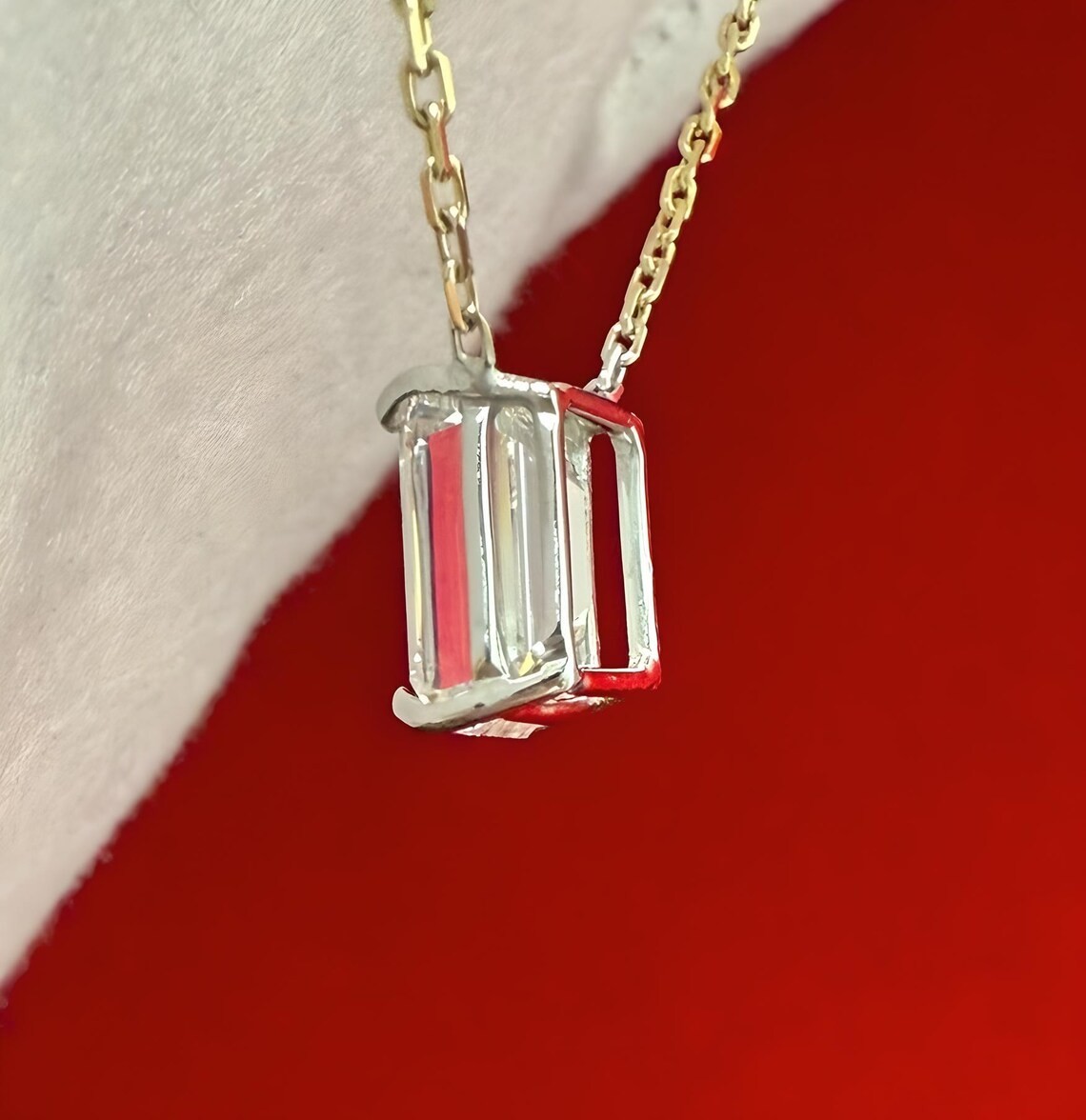 3.20CT Emerald Cut Moissanite 14K Multitoned Gold Plated Solitaire Charm Pendant