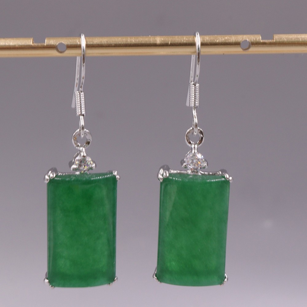 Yellow Plated Alloy Heated Green Jade Rectangle Charm Dangle Earrings 38mm H