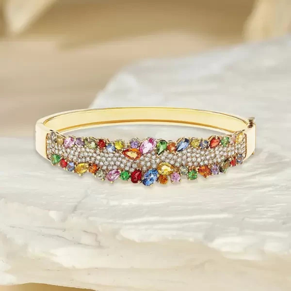 10 Ctw Created Multicolor Sapphire Cluster Rainbow Bangle 14k Yellow Gold Plated