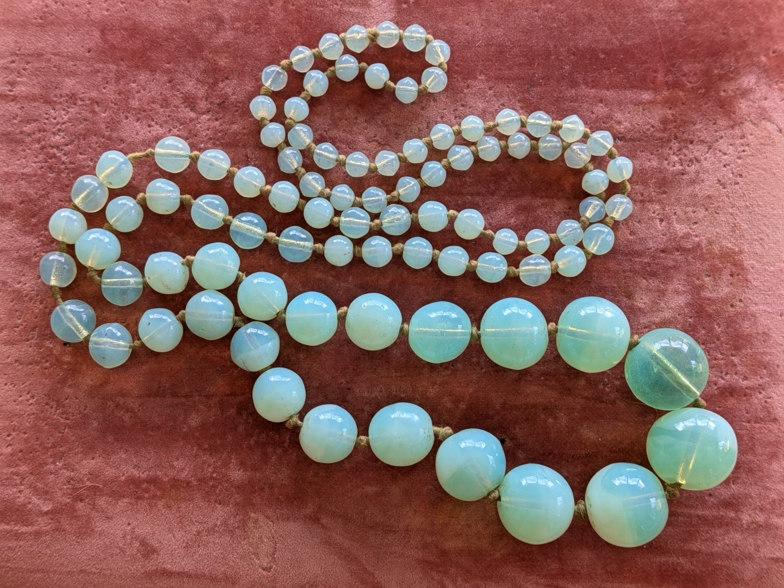 Antique Uranium Glass Long Bead Necklace-Bohemian Czech Glass-Glows by UV Light