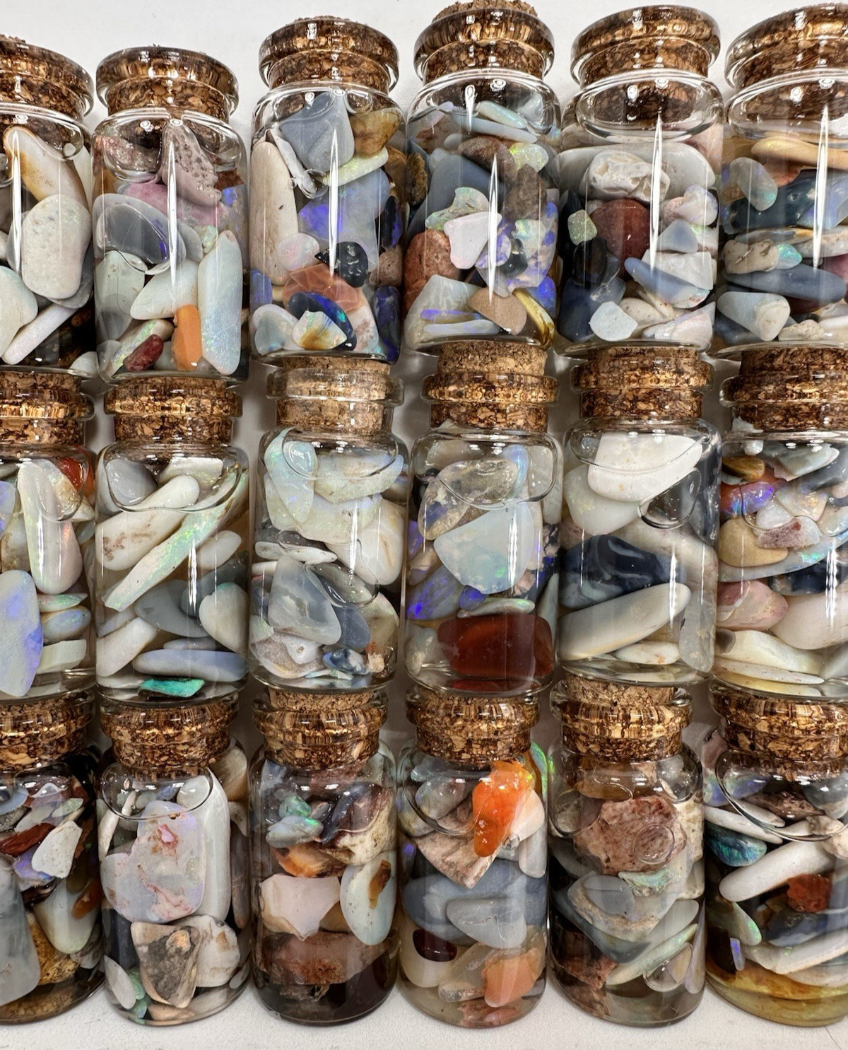 40 ct Premium Australian Coober Pedy Rough/Rubs Opals in Glass Bottles