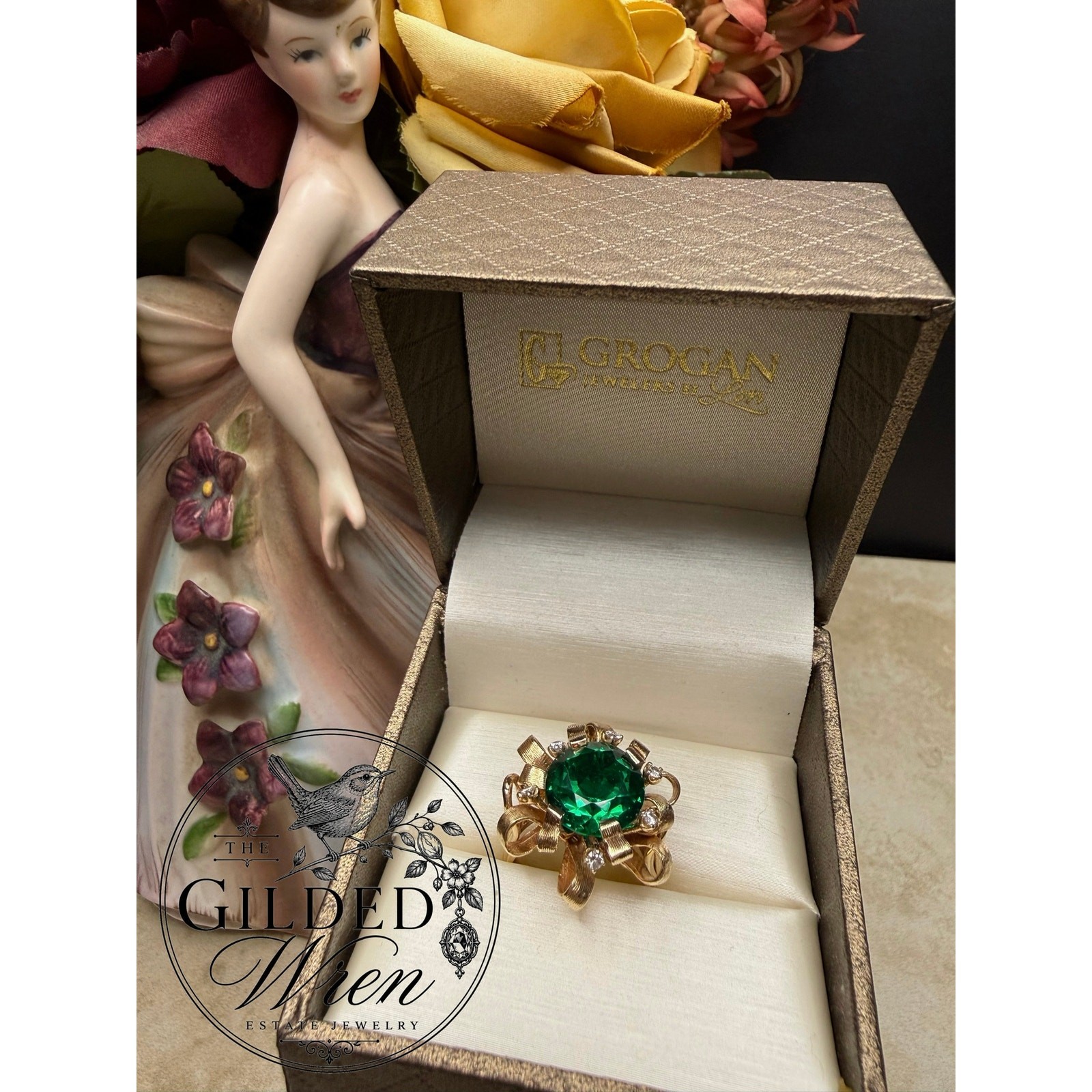 Vintage 14K Gold Hollywood Regency Ribbon Ring | Simulated Emerald 9.28g Sz 6.5