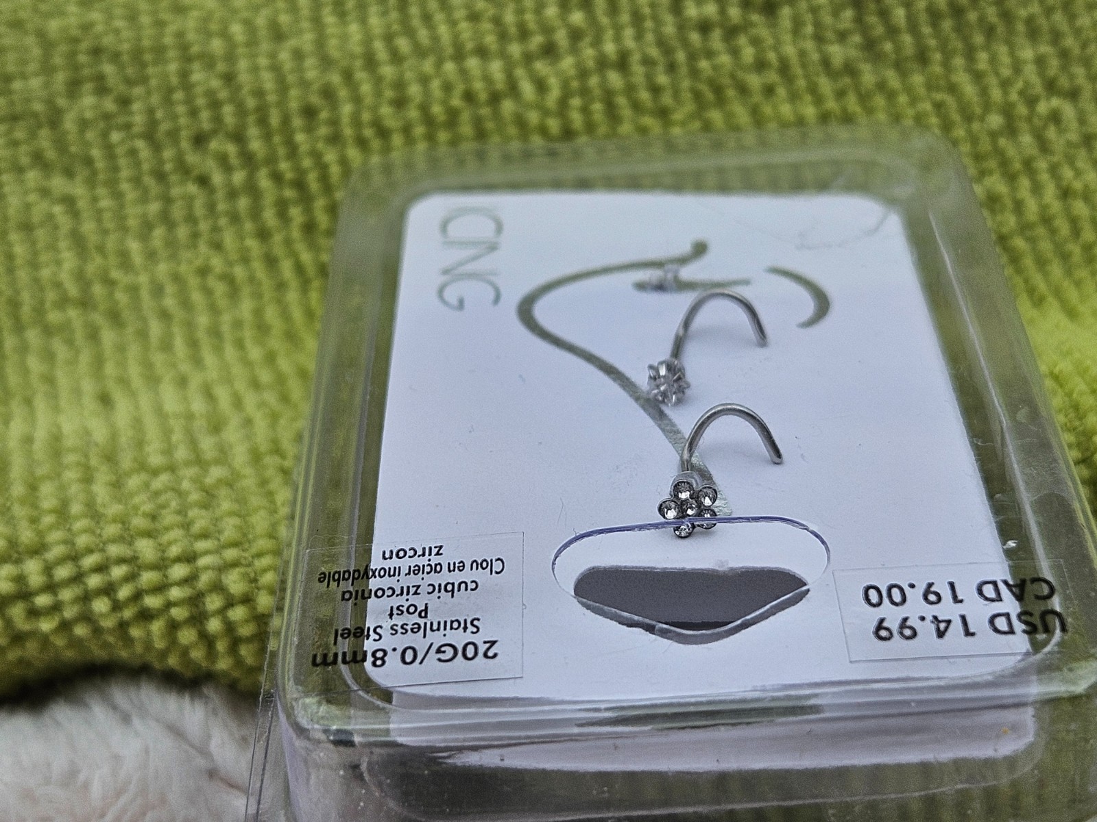 ICING 2-Nose Rings Stainless Steel 20G/0.8mm with cubic zirconia NEW ships FREE