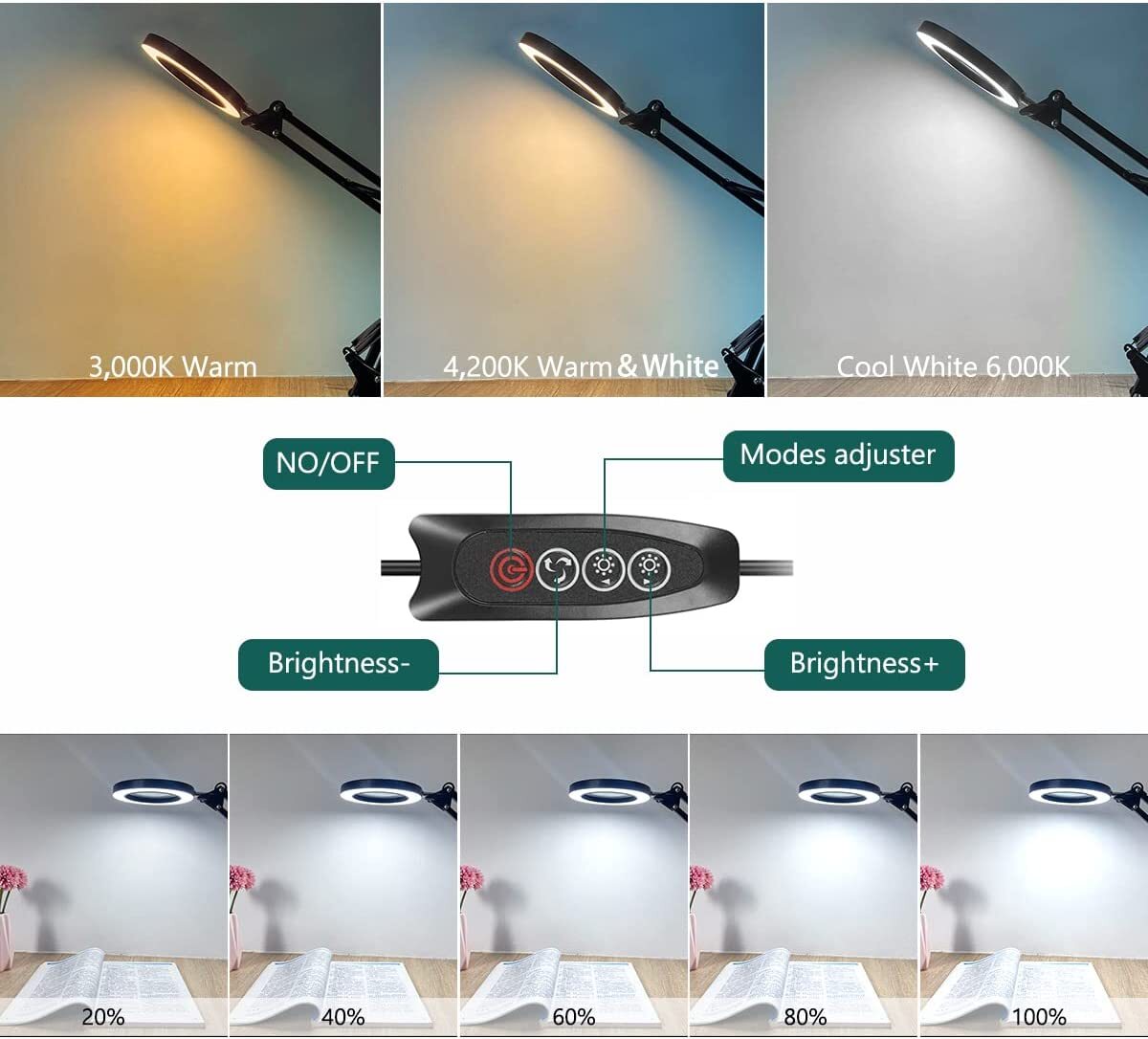 10X Magnifying Glass Desk Light Magnifier LED Lamp Reading Lamp With Base&Clamp