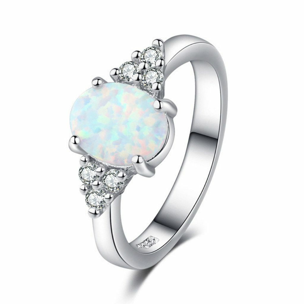 Womens Fire Opal Silver 925 Sterling White Gold Gemstone Jewelry Ring Size 6-10