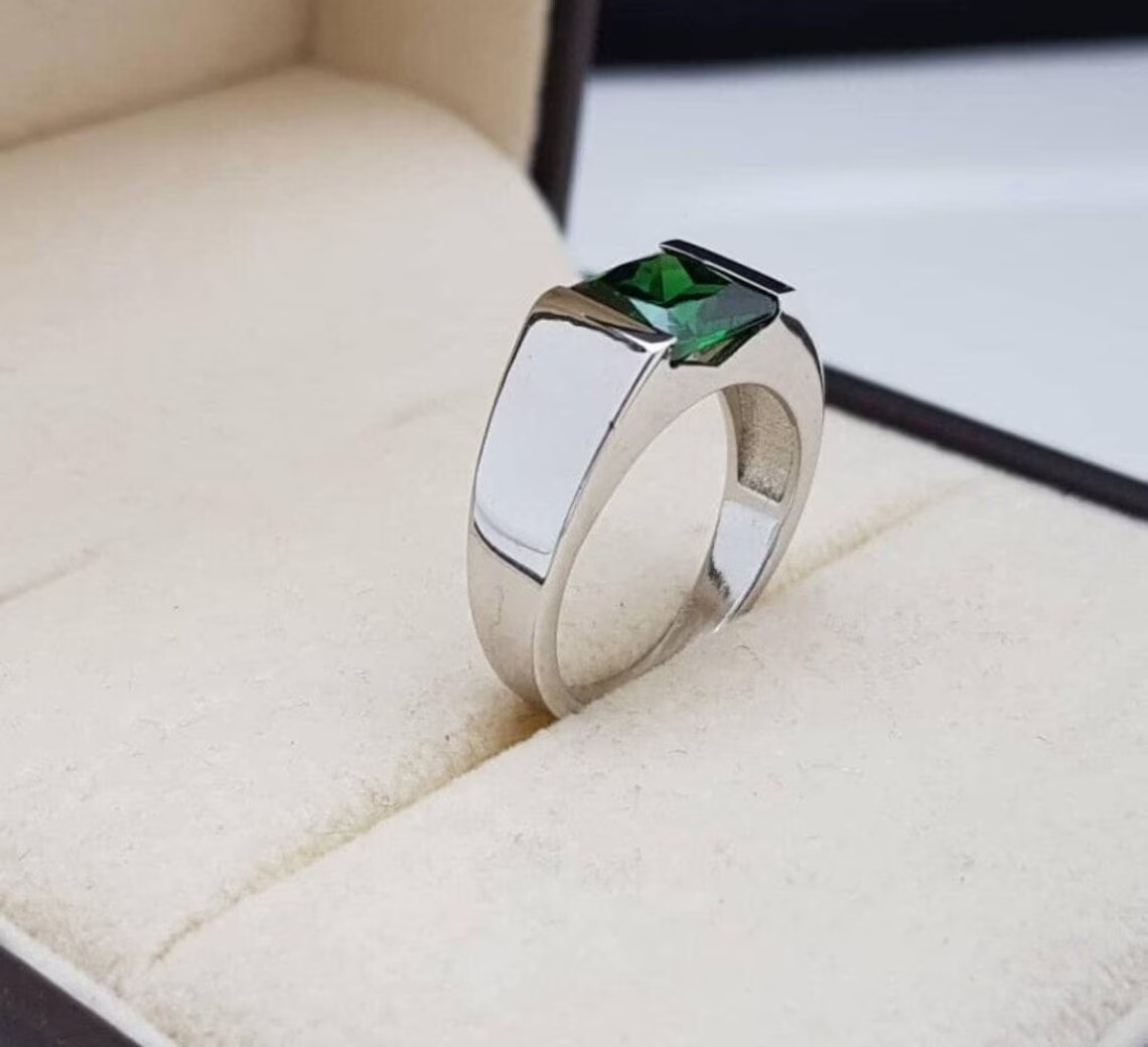 Lab-Grown Emerald Sterling Silver Ring: Art Deco Square Green Stone