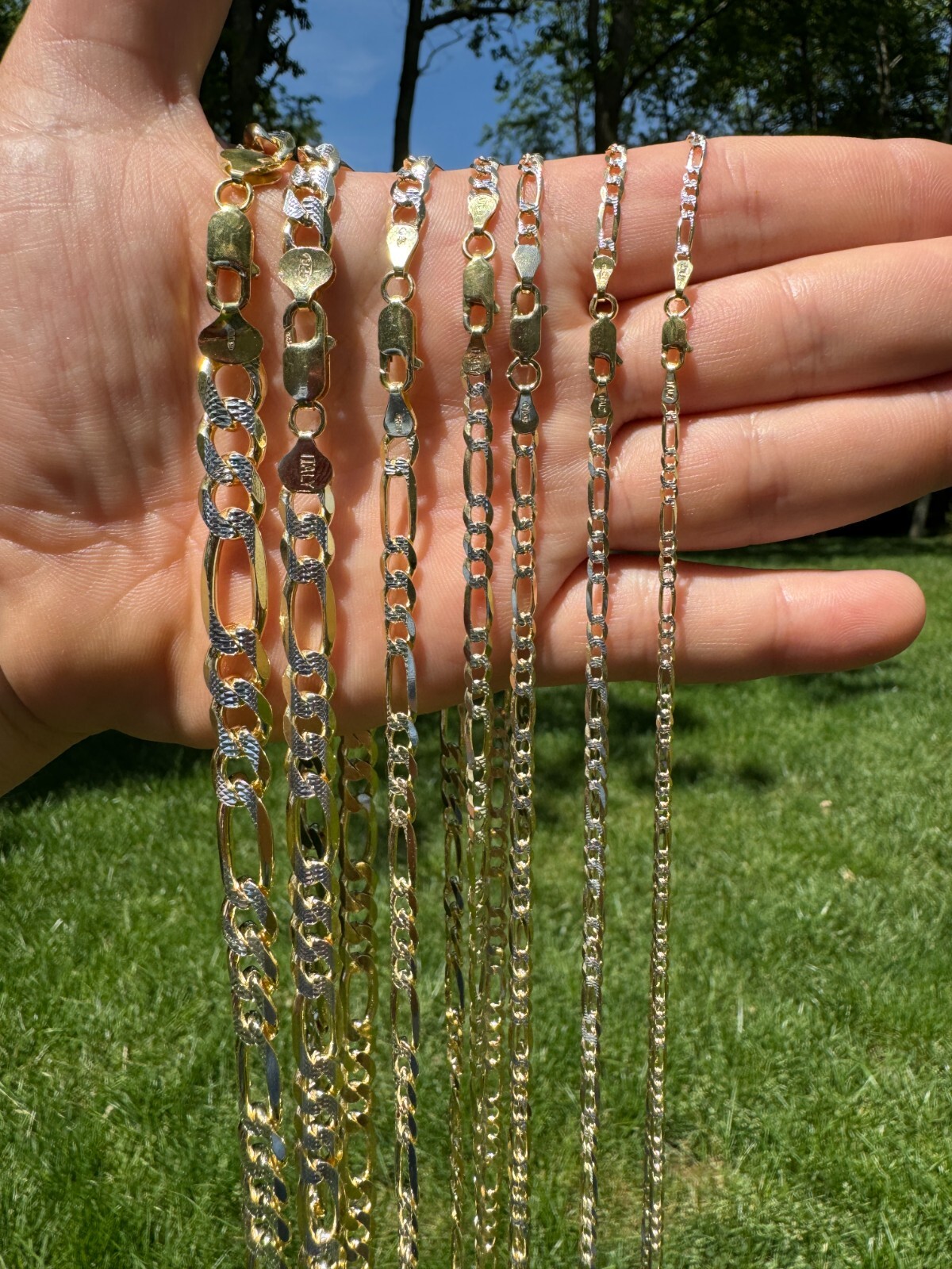 14k Gold Plated Solid 925 Sterling Silver Figaro Link Chain Two Tone Diamond Cut