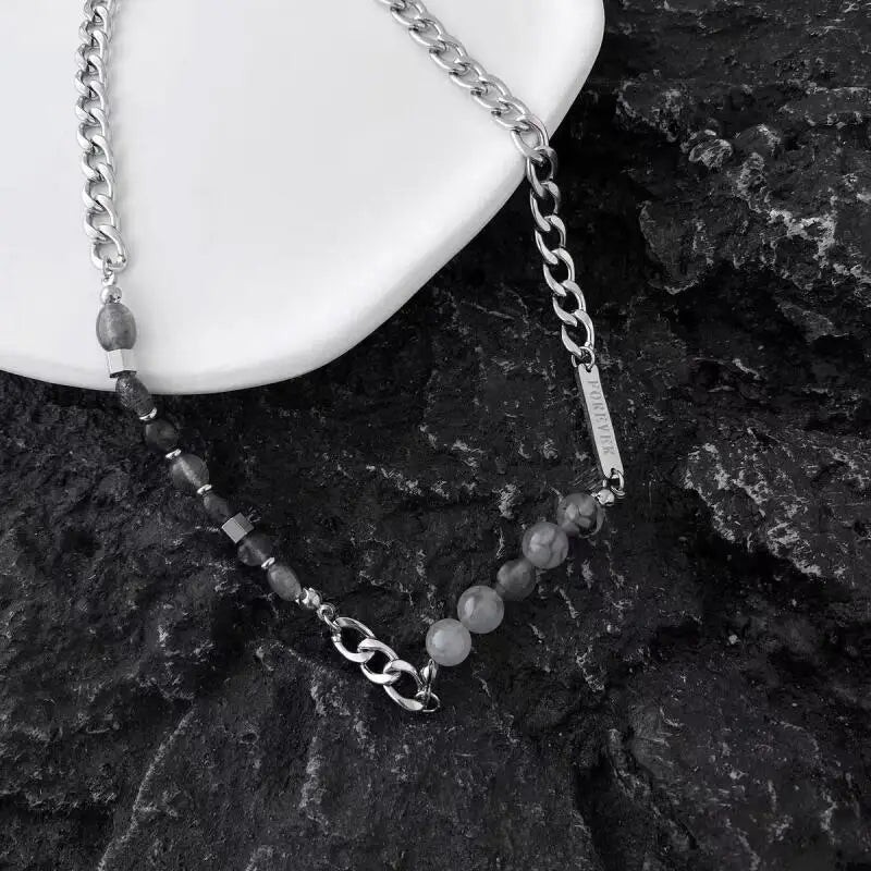 Stainless Steel Gray Glass Beaded Choker Necklace for Men Women Hiphop Jewelry G