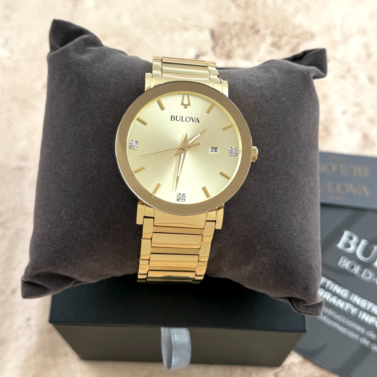 New Bulova Futuro Modern Quartz Gold Dial Chronograph Men’s Watch 97D115 42MM