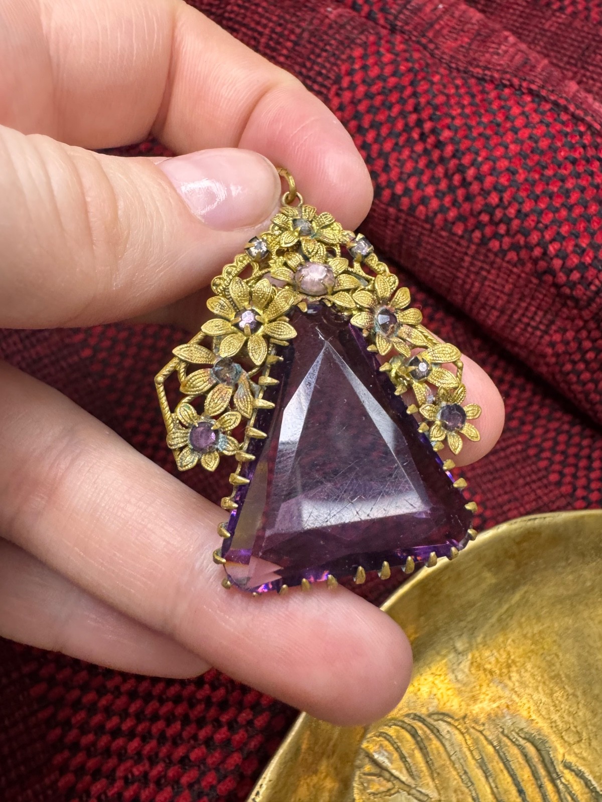 RARE Vintage Czech Amethyst Glass Filigree Flower Triangle Pendant Art Deco 50s