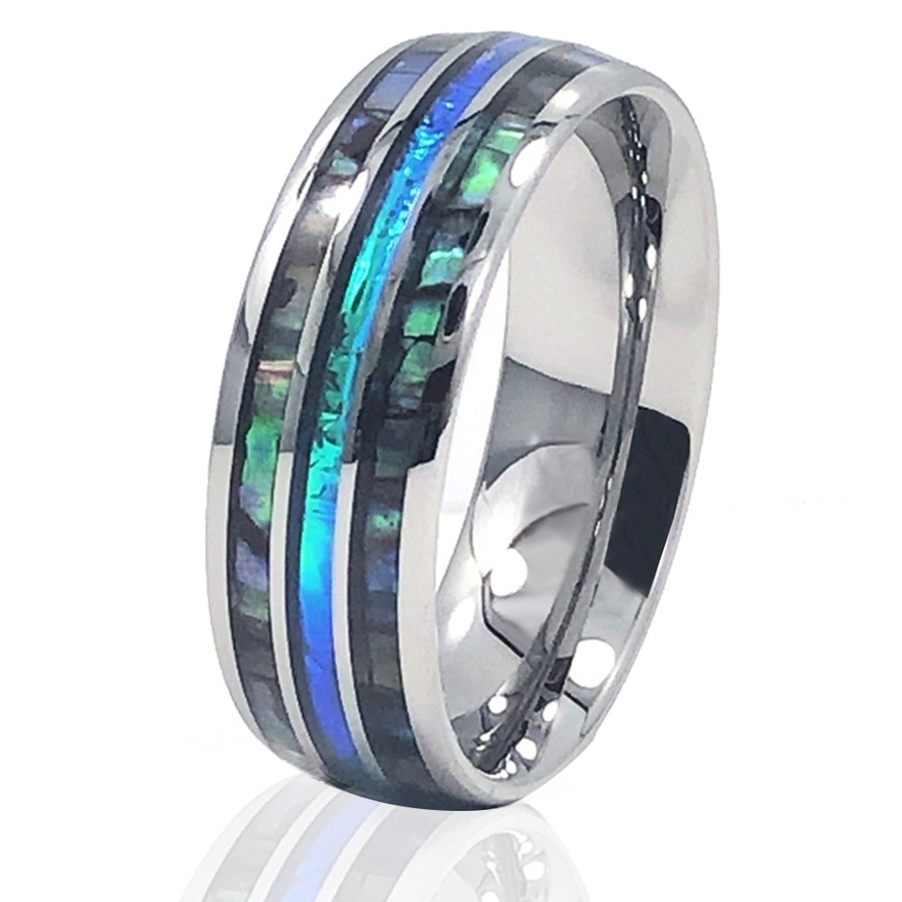 🔥NEW! Silver Tungsten Abalone Blue Inlay Engagement Wedding Band Mens Ring 8mm