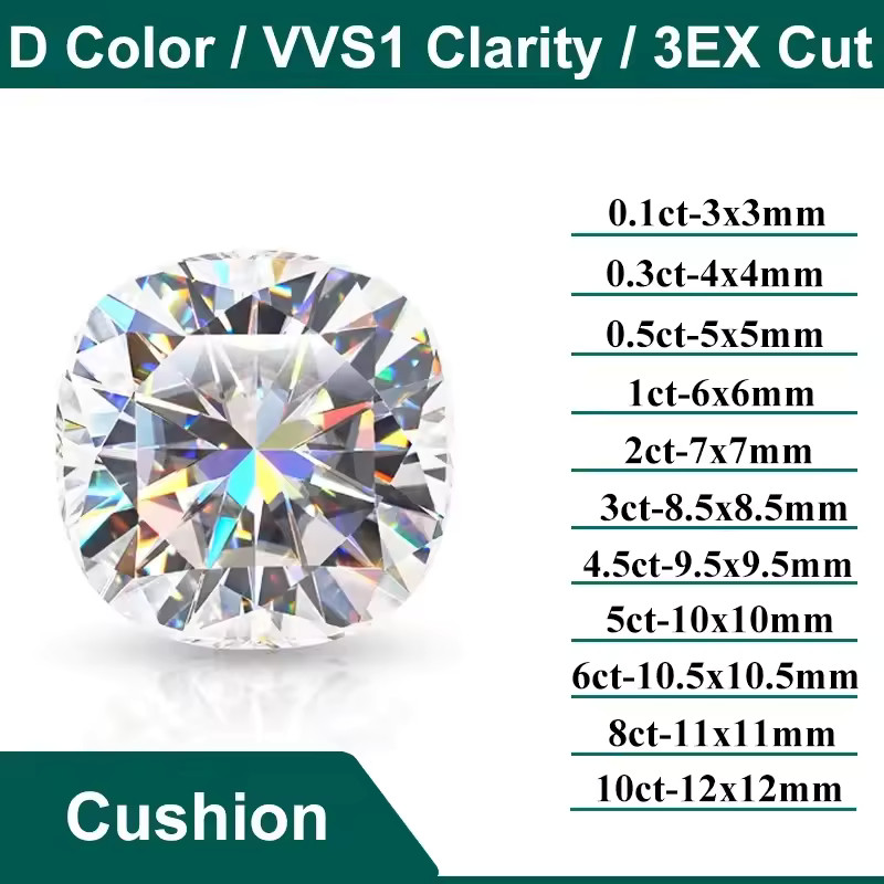 Moissanite Cushion Loose Stone D Color VVS1 GRA Certified 3mm-14mm 0.1CT-10CT