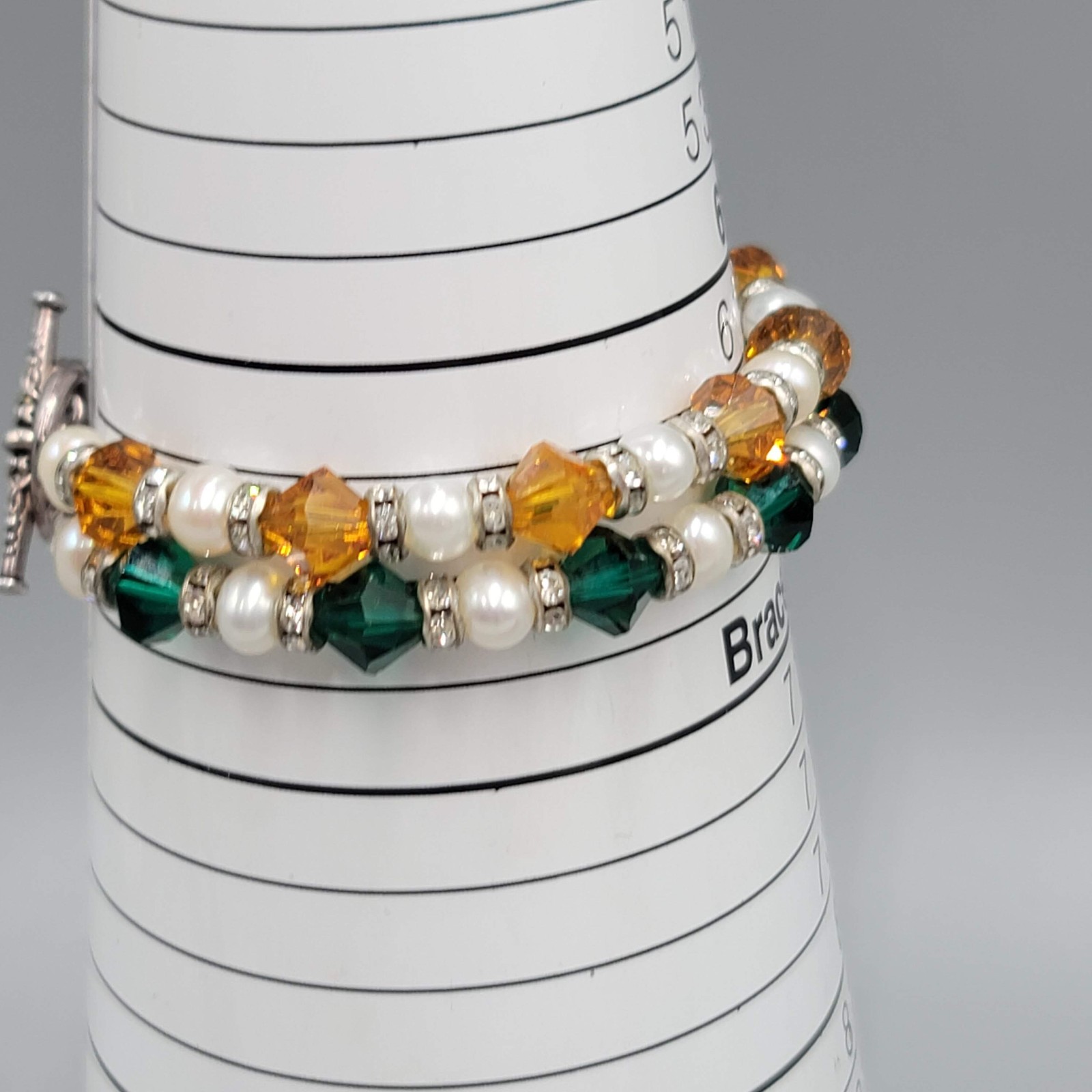 Beaded Bicone Crystal Green Orange Double Strand Bracelet Silver tone Toggle 6.5