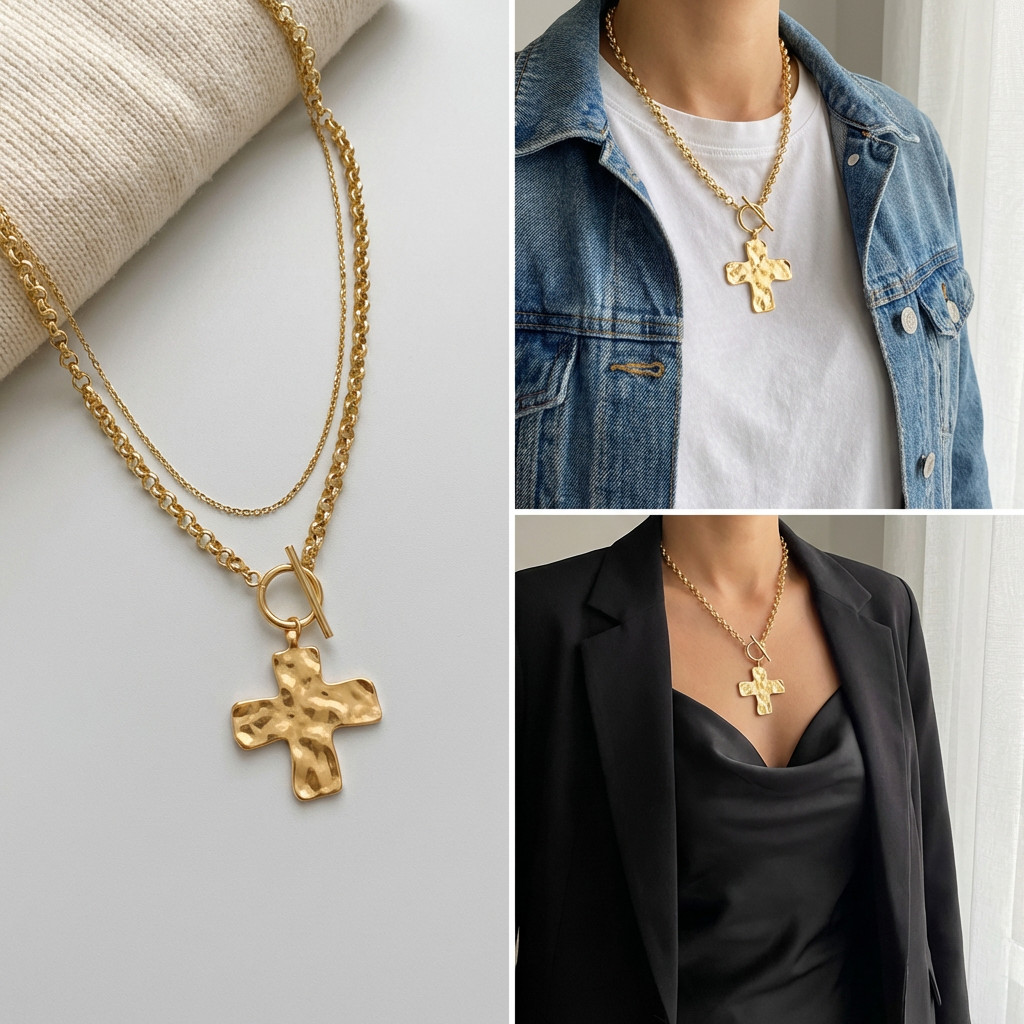 1pc Minimalist Fashionable Gold Hammered Thick Cross Pendant Necklace
