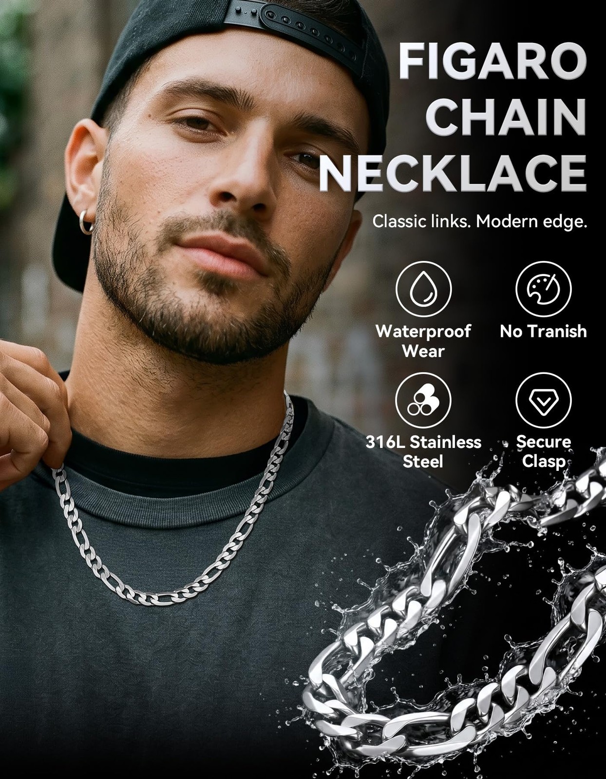 Mens Necklace Stainless Steel 4mm Figaro Link Chain Necklace, 14 Inch