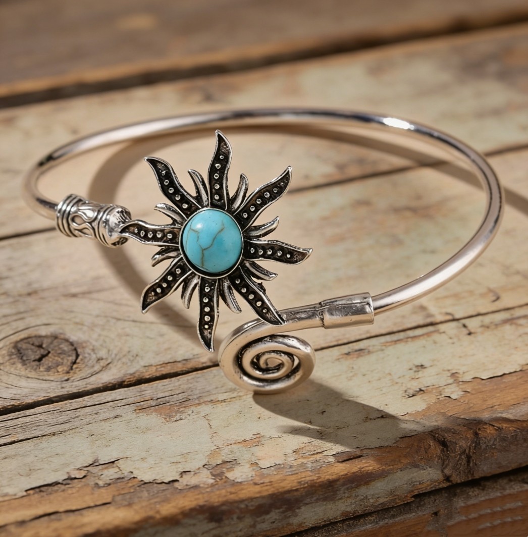 Retro Turquoise Inlay Sunflower Silver Plated Alloy Fashion Open Bracelet