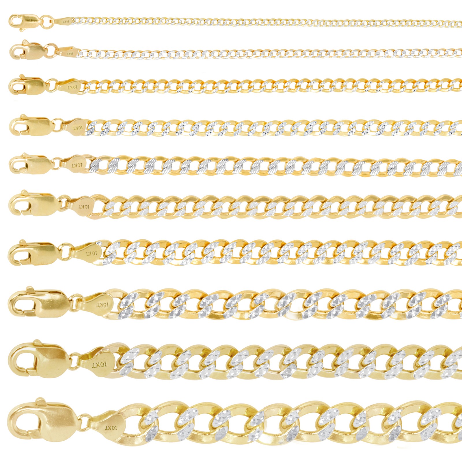 10K Yellow Gold 2mm-7.5mm Diamond Cut White Pave Cuban Chain Necklace 16″- 30″