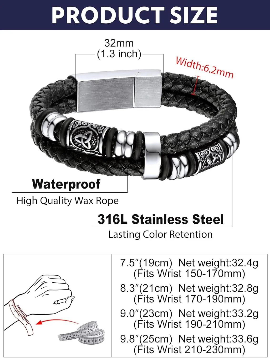 Men Black Double Wax Rope Bracelet Waterproof Stainless Steel Celtic Knot 7 9…