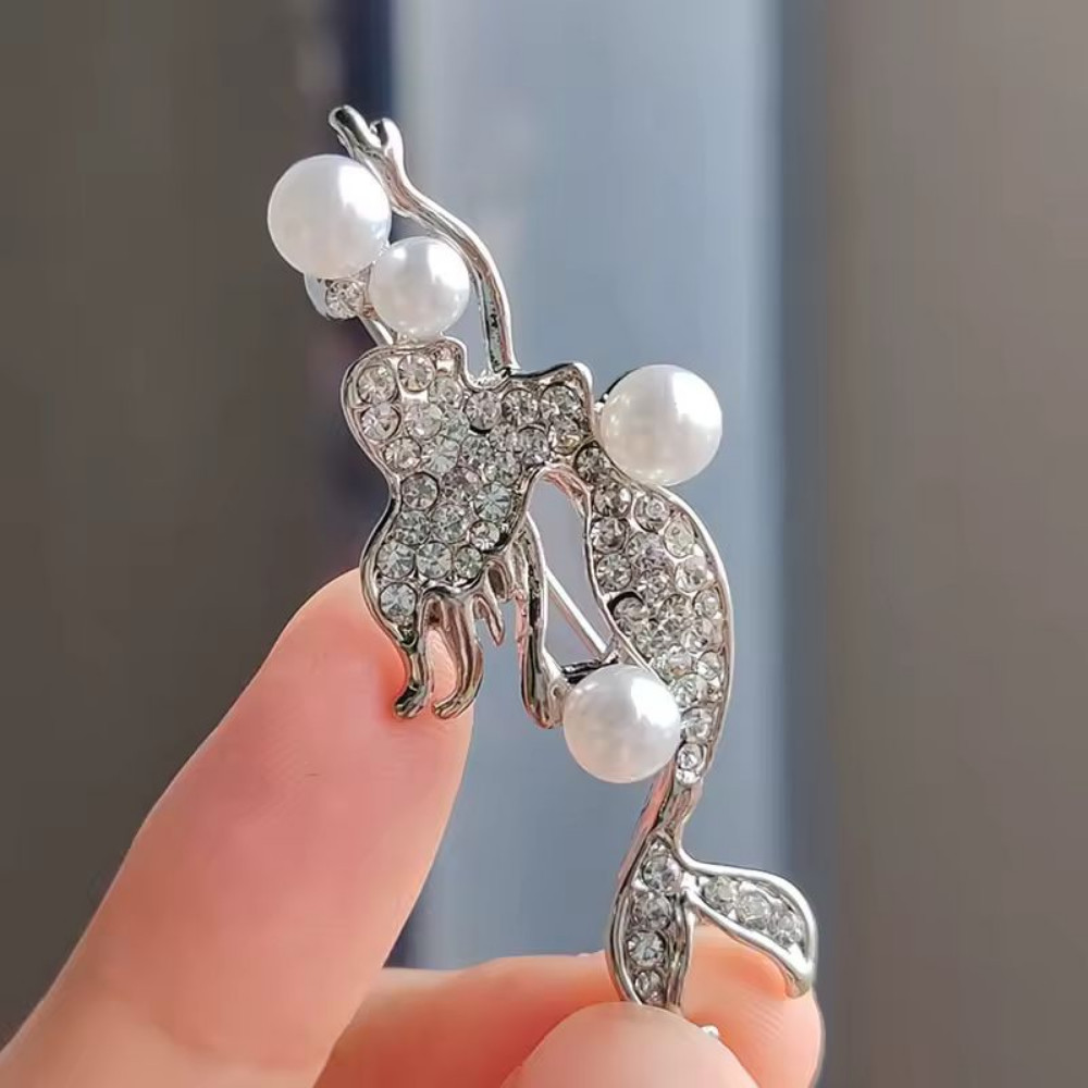 Rhinestone Mermaid Brooch Silver Crystal Pearl Pin Sea Ocean Summer Jewelry Gift