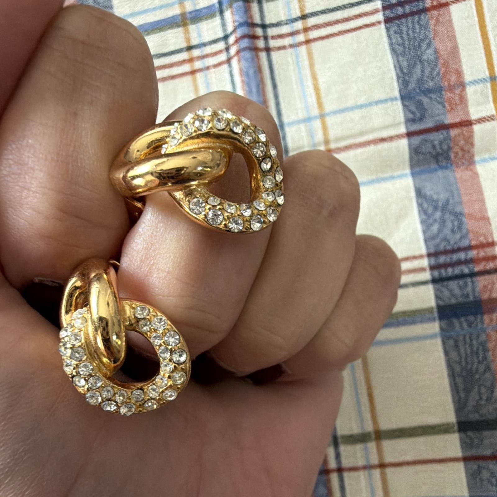 Vintage Christian Dior Interlocking Link Clip On Earrings Rhinestone Signed Gold
