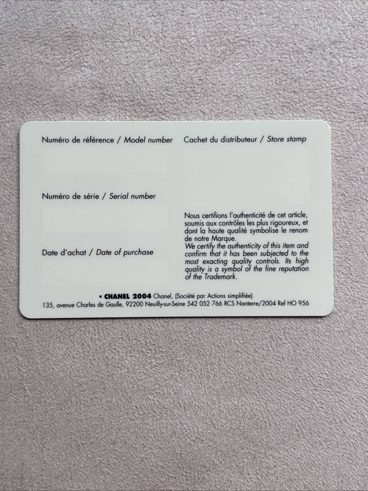 Authentic Chanel Watch Guarantee Warranty Certificate Card Papers Blank Name
