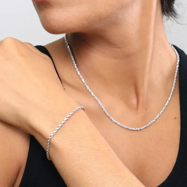 14K White Gold Rope Chain Bracelet Diamond Cut Real Gold 2mm-5mm 7-9in Unisex