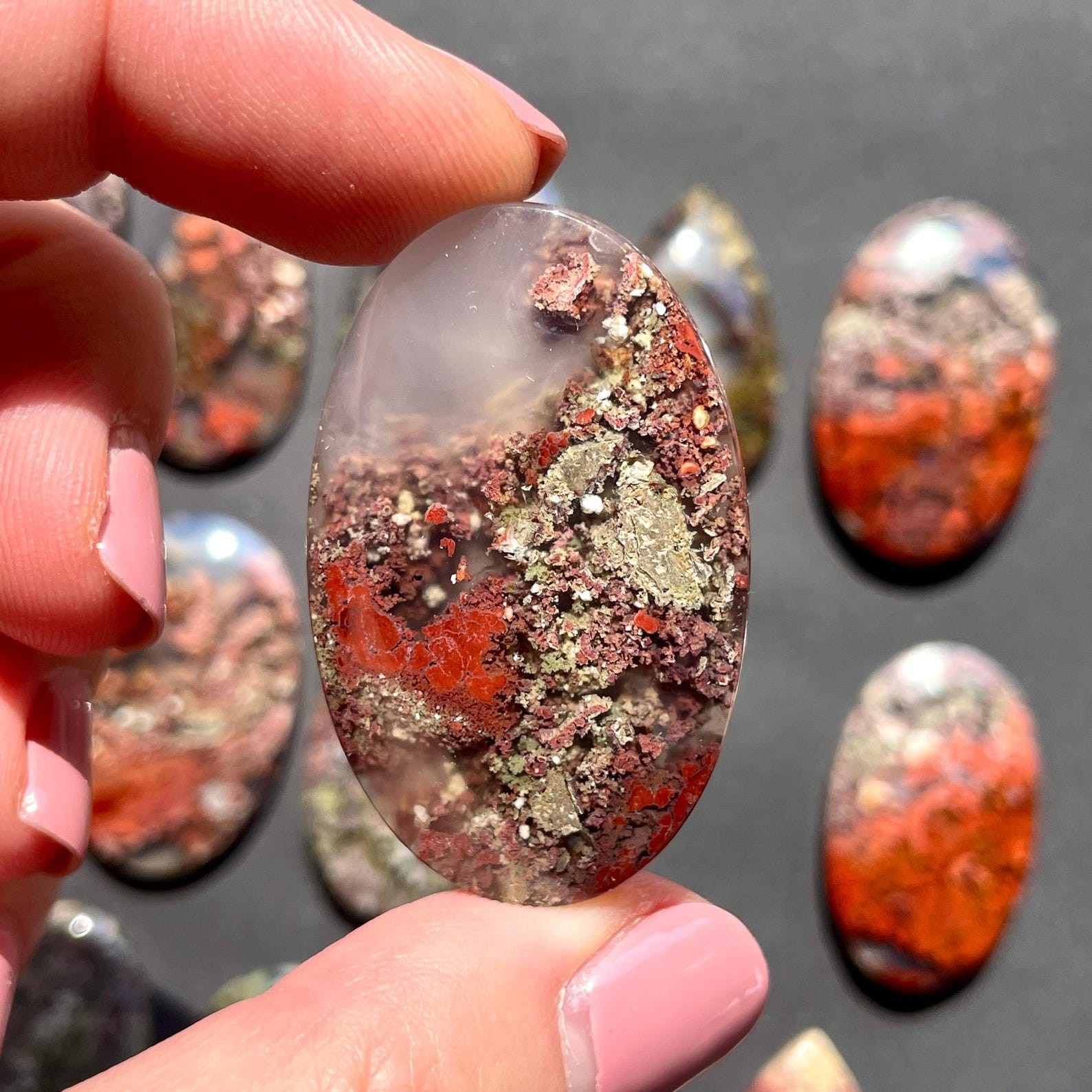 Red & Green Moss agate flat back cabochon -Garden Landscape -Natural Gemstones