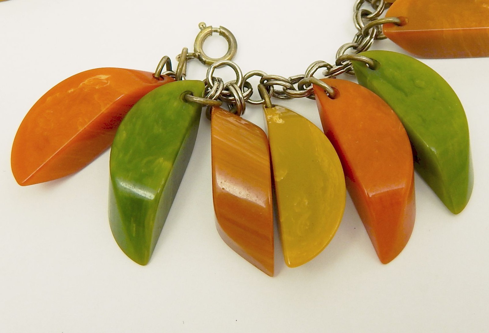 Bakelite Dangle Charm Bracelet + Matching AS IS Necklace Green Orange Yellow