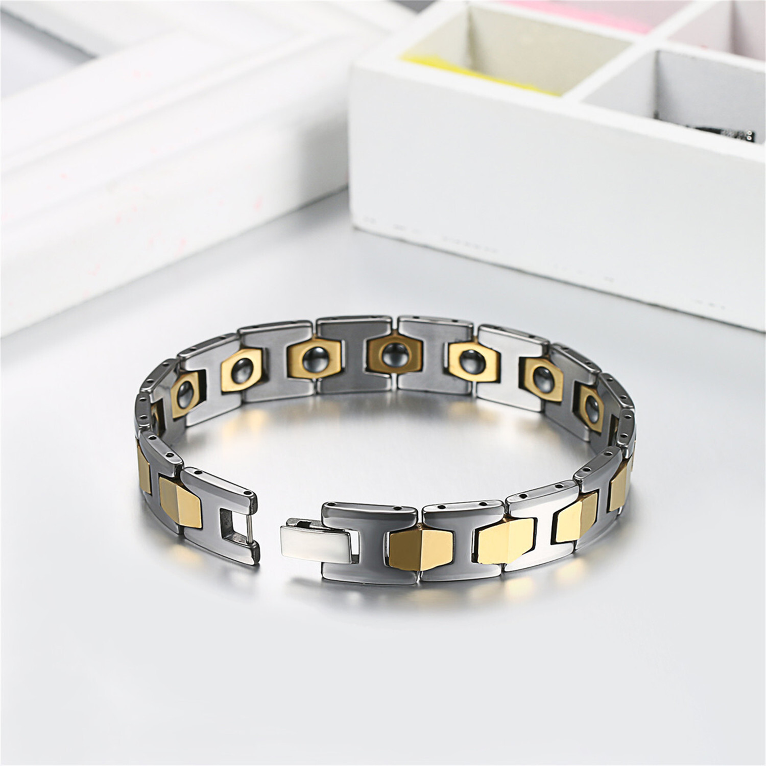 Men’s Polished Tungsten Carbide Magnetic Energy Therapy Power Bracelet Golf Link