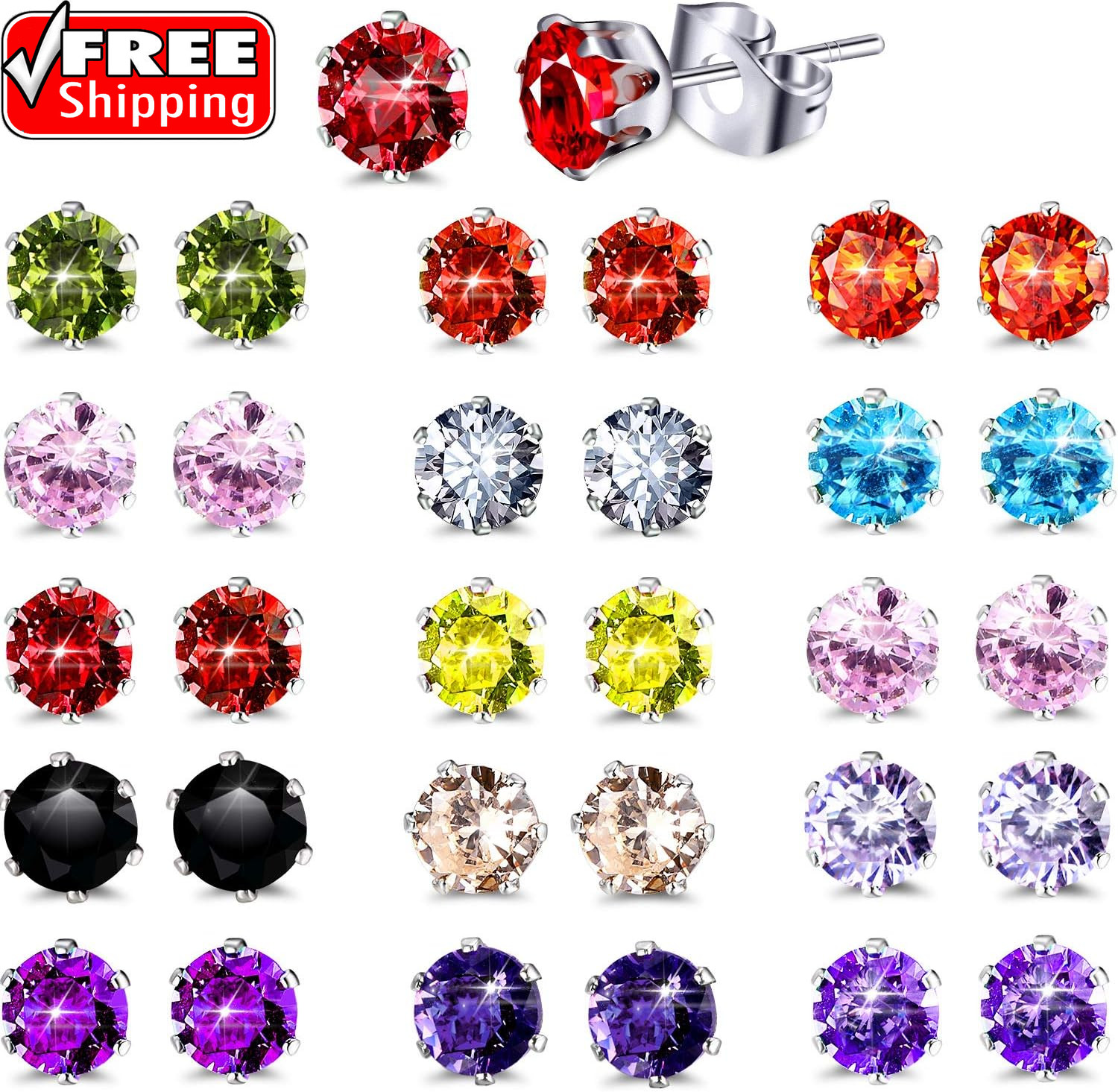 15 Pairs Stainless Steel Stud Earrings for Women Birthstone Hypoallergenic Cubic
