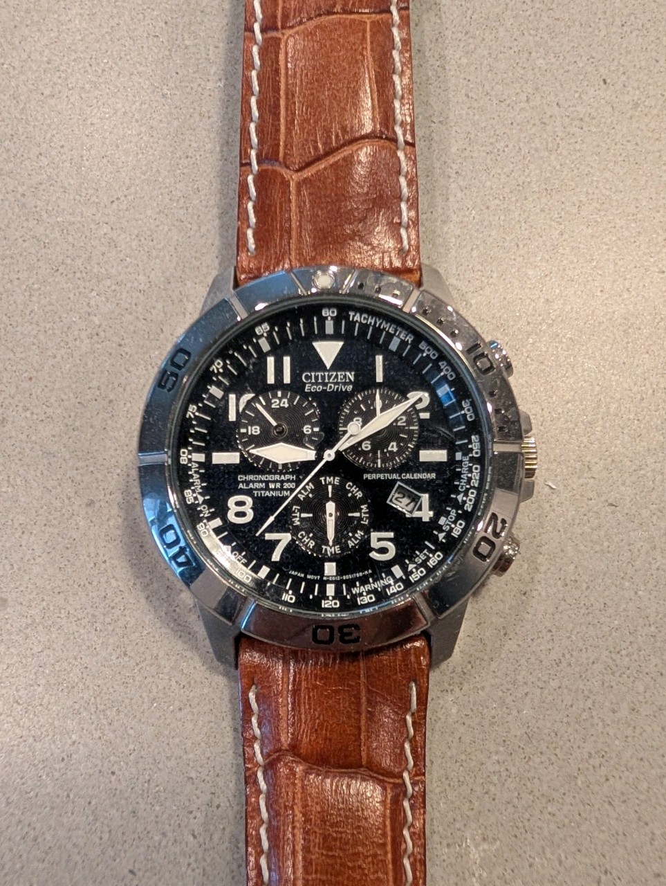 Citizen Eco-Drive Chronograph Perpetual Calendar 200m Blue Dial Brown Leather
