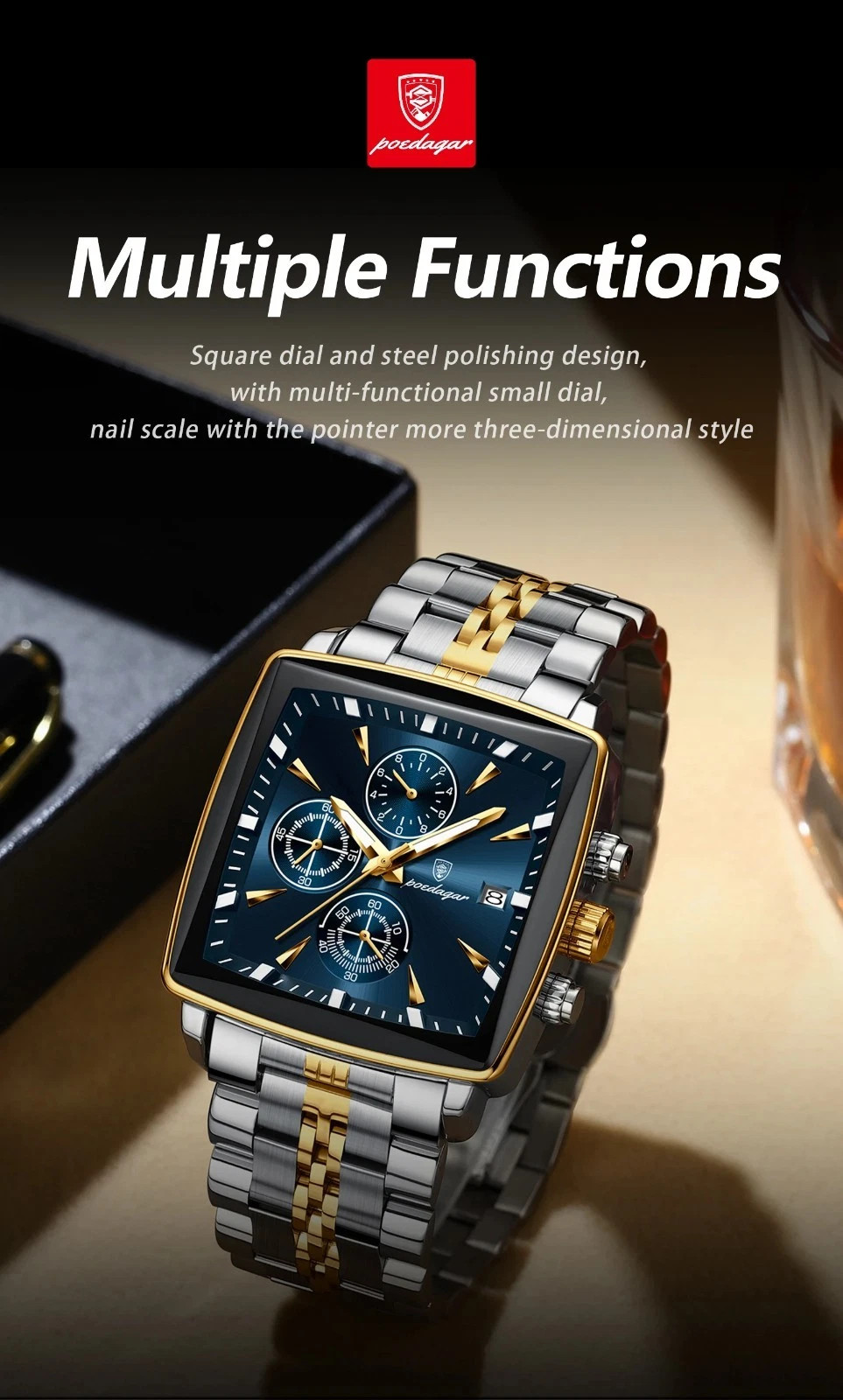 Luxury Men’s Watch Square Stainless Steel Waterproof Luminous Chrono