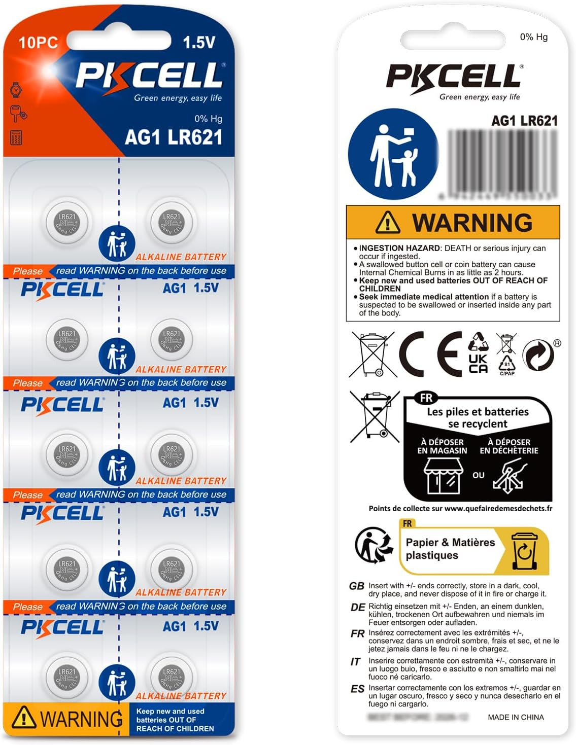 PKCELL 20 Pack Sr621Sw Watch Battery AG1 Battery 1.5V LR621 363 364 Watch Batter