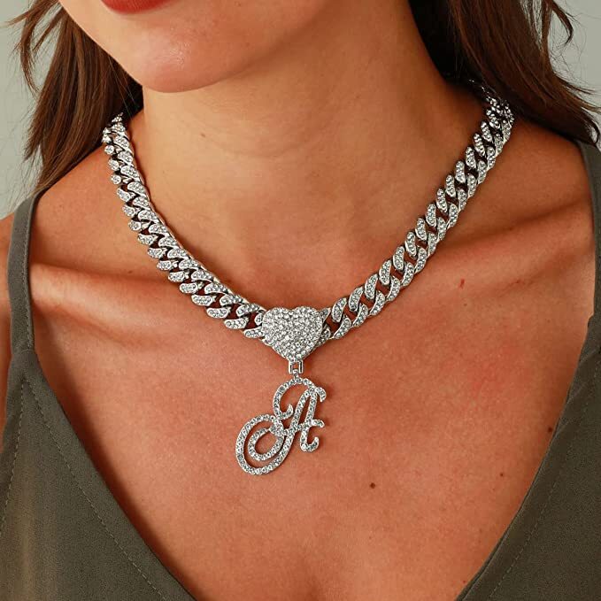 Alphabet Initial Letter Silver Plated Alloy Cubic Zirconia Cuban Chain Necklace