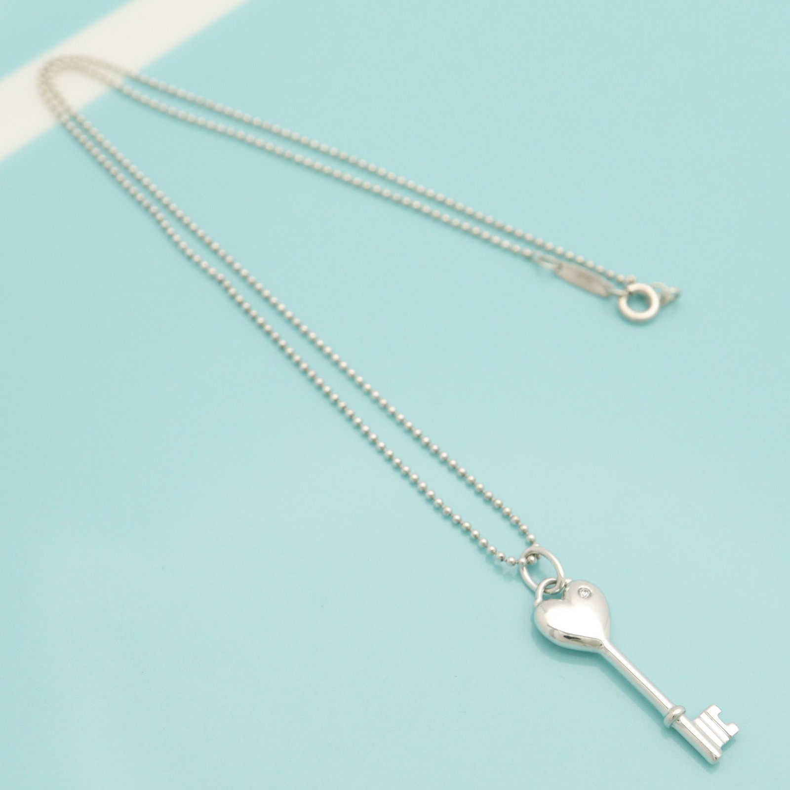 Tiffany & Co. Heart Key 1P Diamond Pendant Necklace 16.1″ Sterling Silver 925