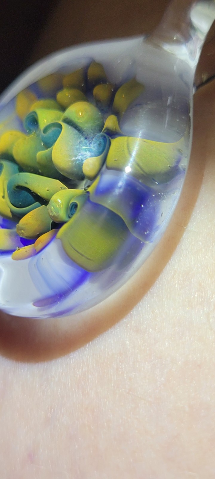 Handmade Clear Multicolor Glass Round Pendant, Lampwork Blue Yellow Swirl Design