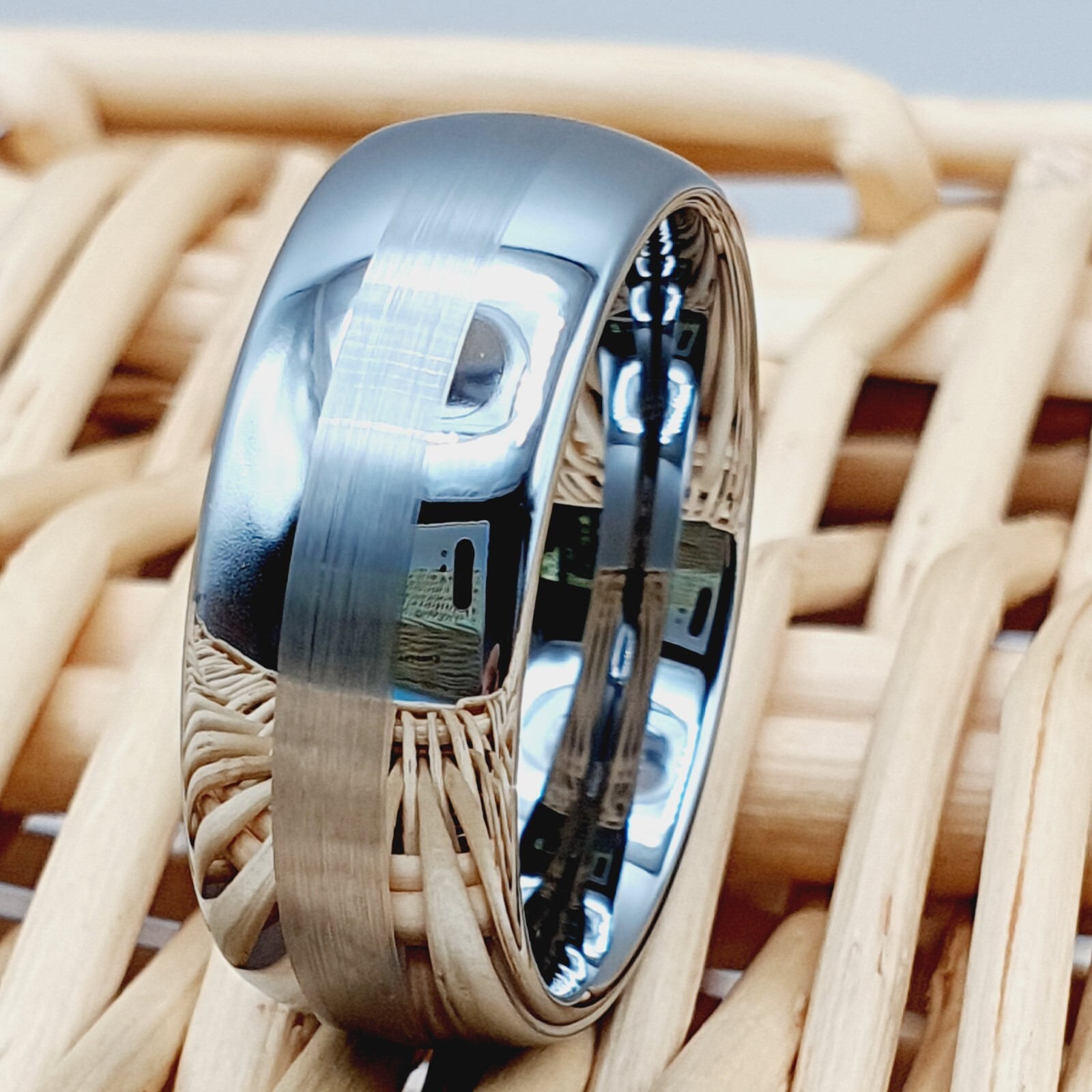 Satin Brushed Center Stripe Dome Silver Ring Anniversary Band for Couples