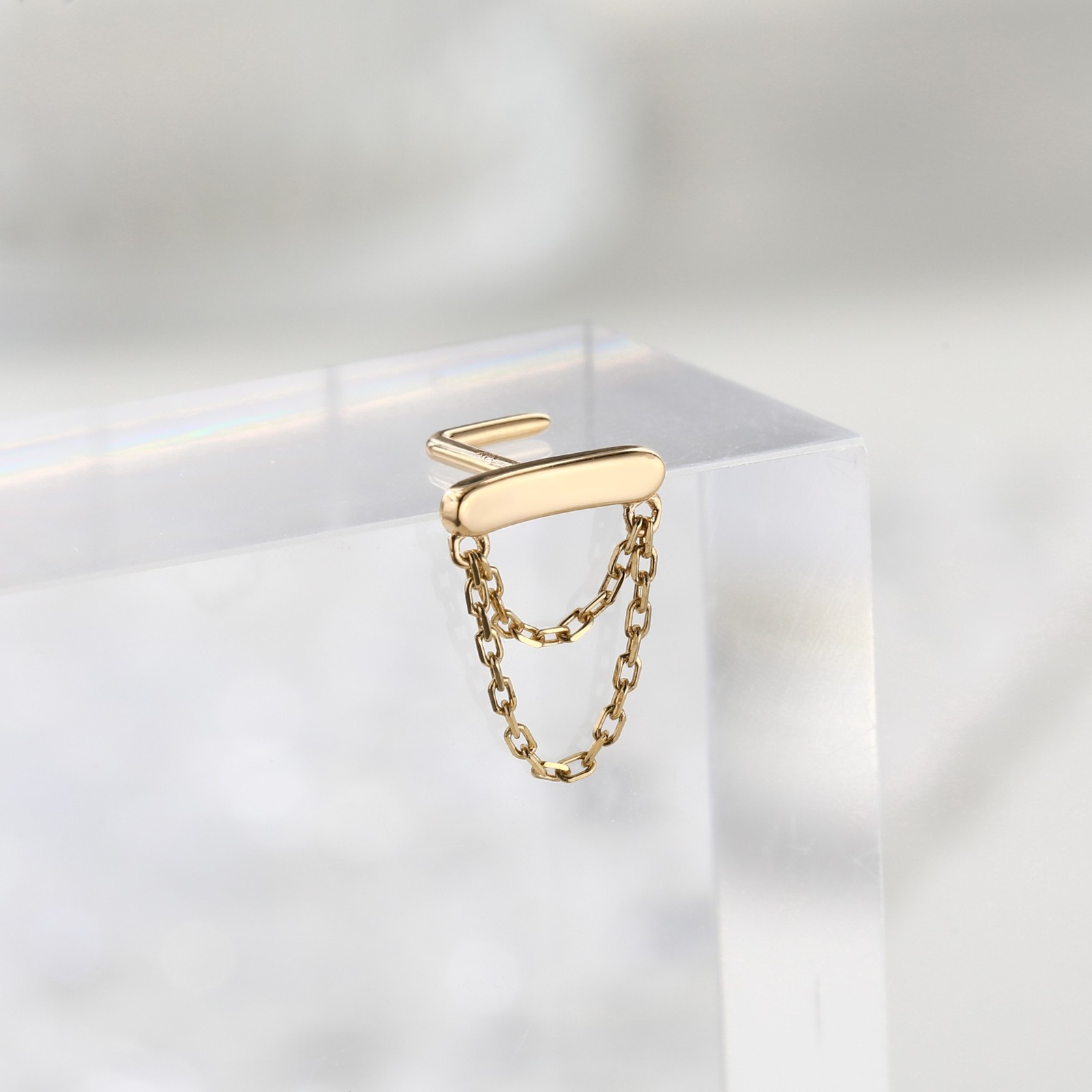 14K Real Solid Gold 0.1CT Zircon Nose Stud L Shape Chain Design 20G Fine Jewelry